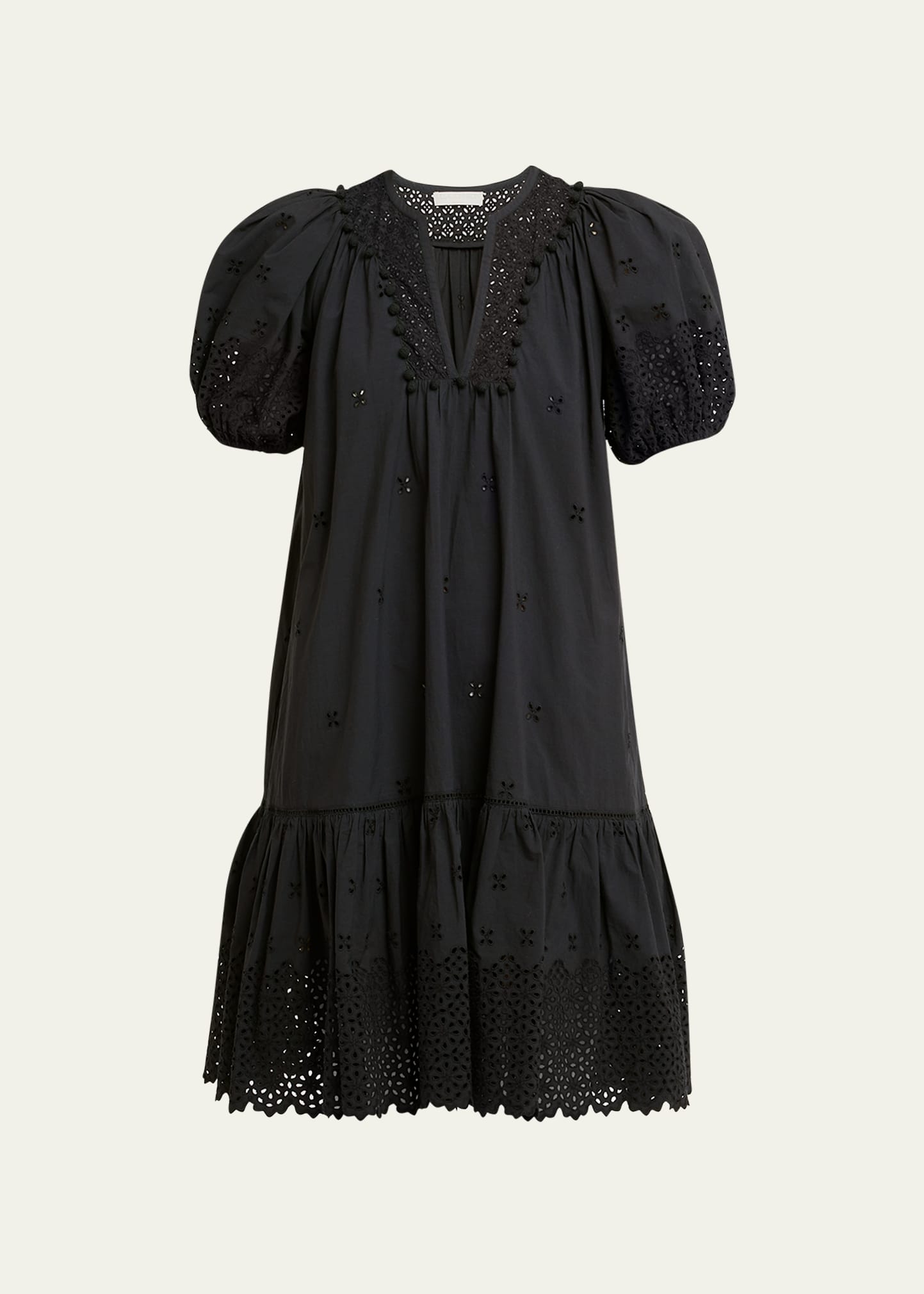 Ulla Johnson Aurora Short Embroidered Poplin Puff-sleeve Dress In Noir