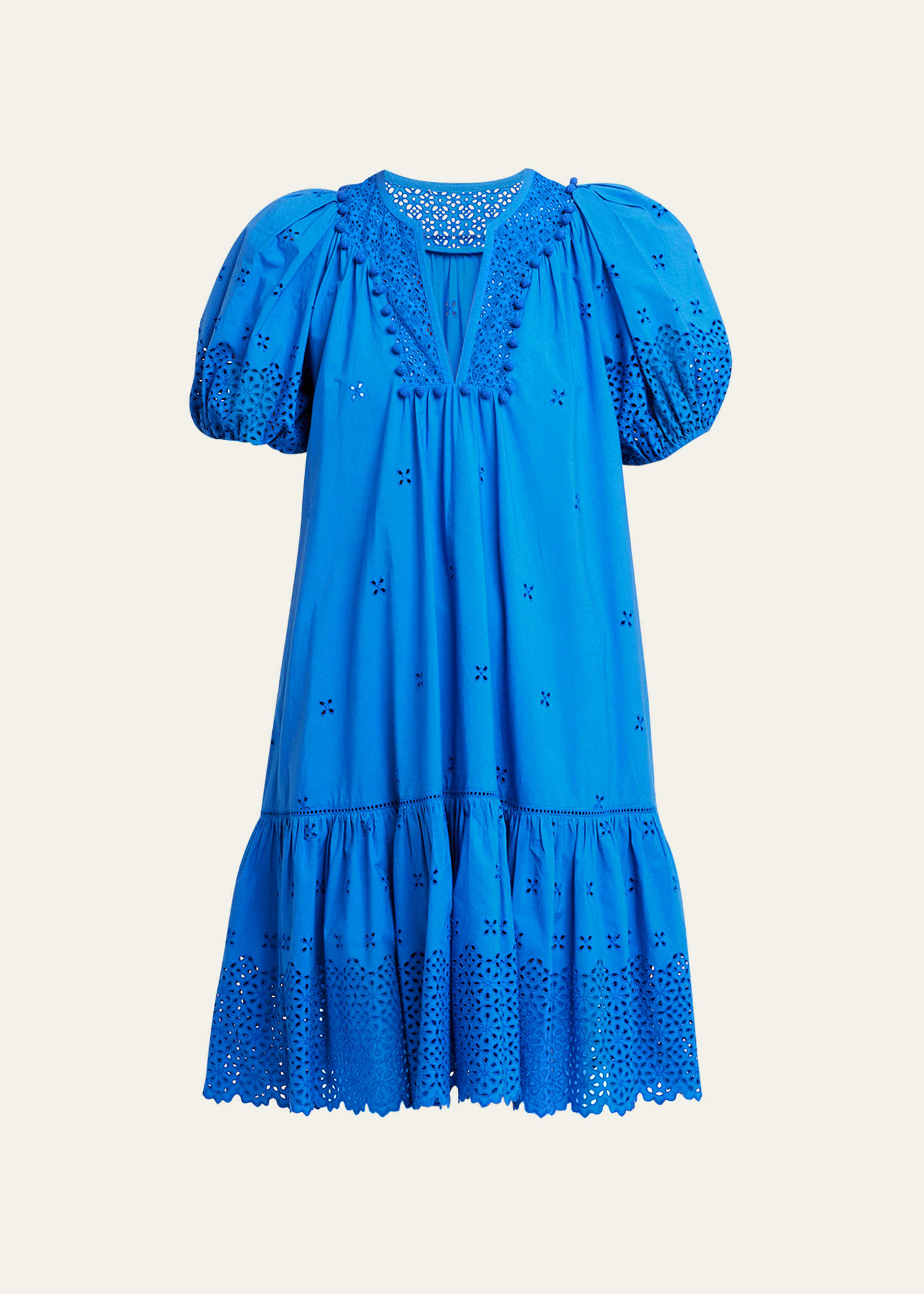 Ulla Johnson Aurora Short Embroidered Poplin Puff-sleeve Dress In Cobalt