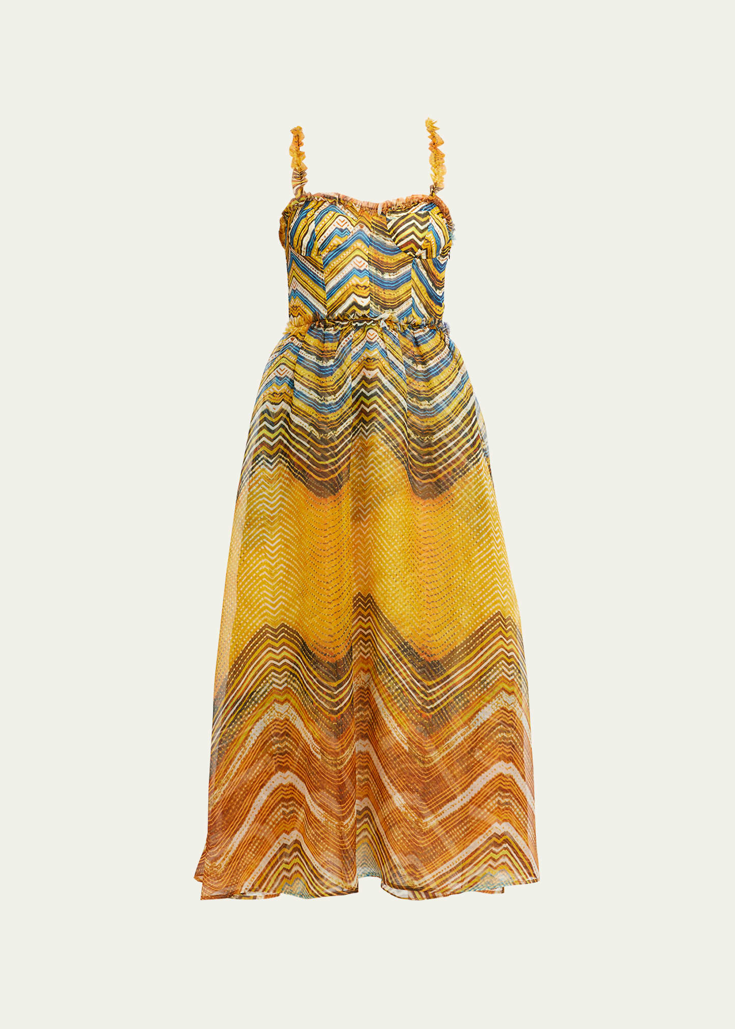 Shop Ulla Johnson Gisele Ruffled Silk Organza Bustier Midi Dress In Golden Palm