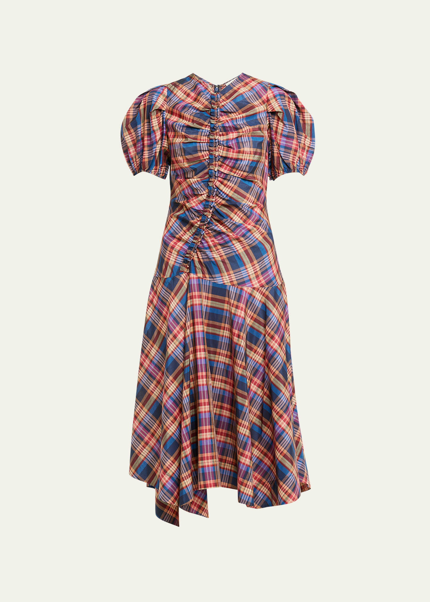 Shop Ulla Johnson Heleen Puff-sleeve Silk Cotton Plaid Midi Dress In Lapis