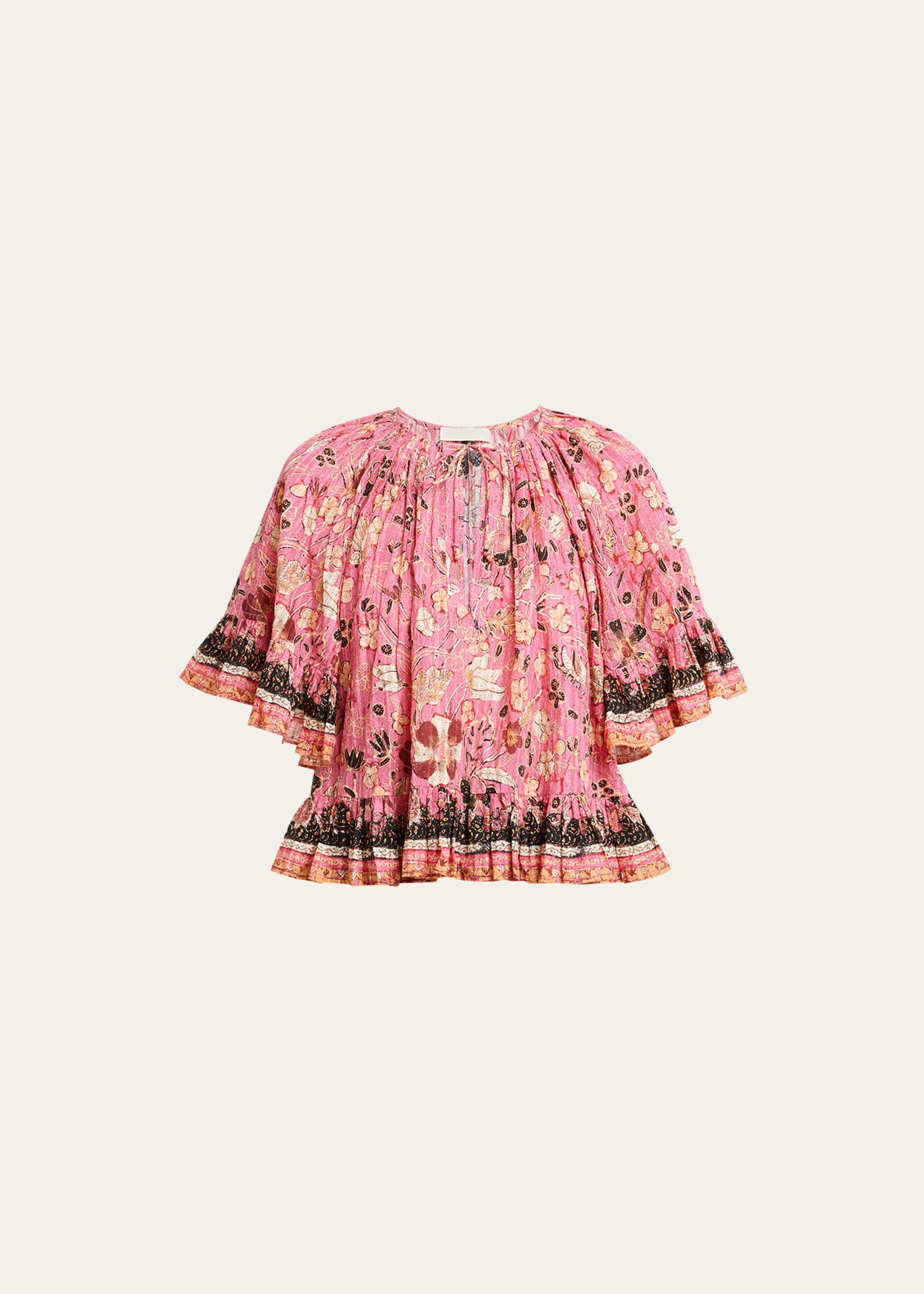 Shop Ulla Johnson Alessia Pleated Ruffle Printed Split-neck Top In Hollyhock