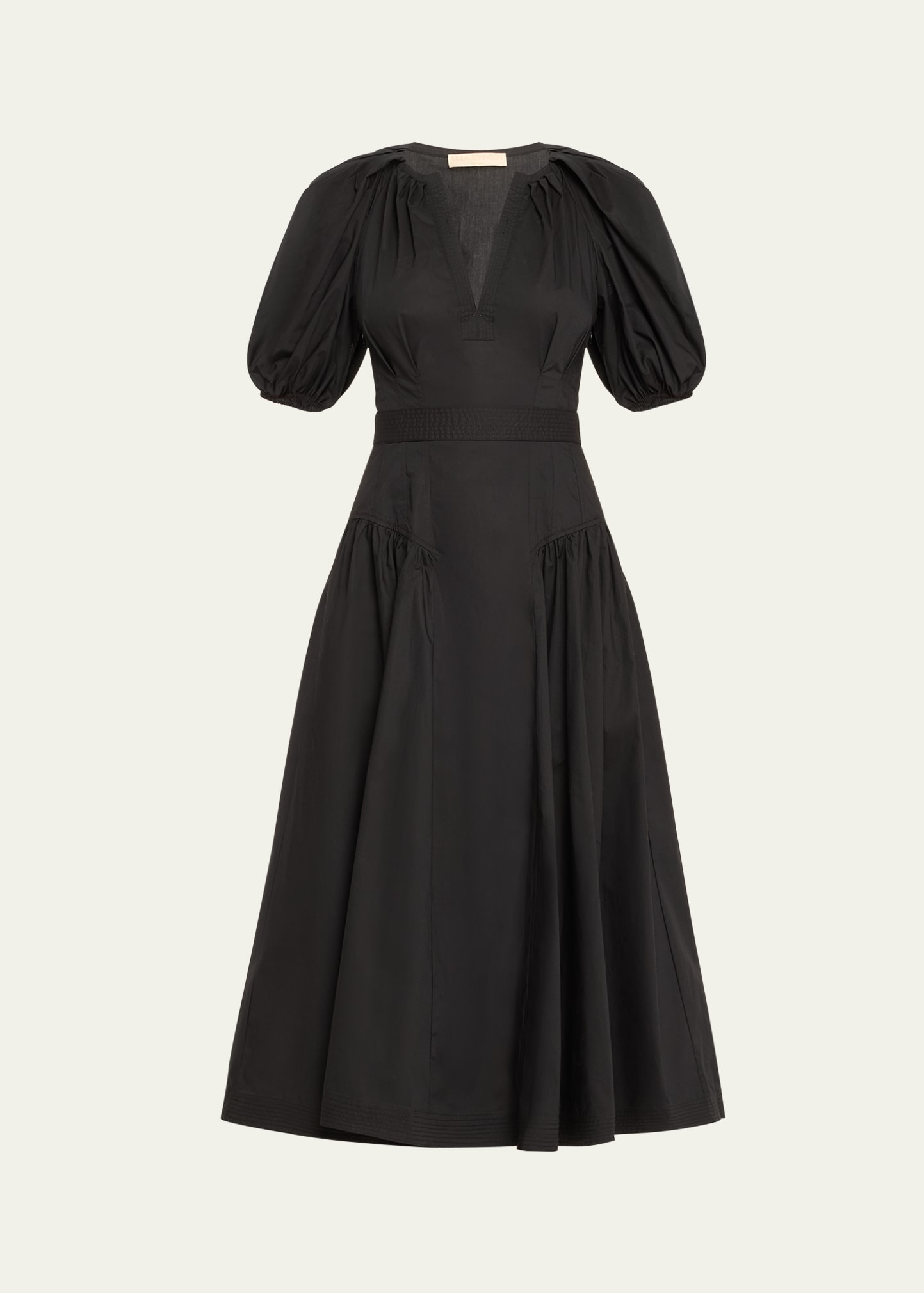 Ulla Johnson Carina Puff-sleeve Belted Midi Cotton Poplin Dress In Noir