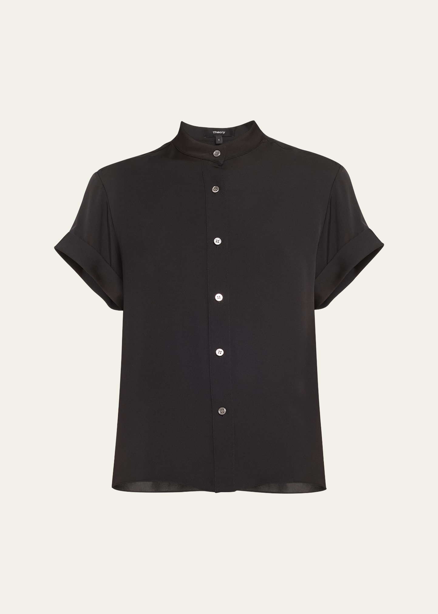 Theory Silk Button-front Short-sleeve Military Top In Black