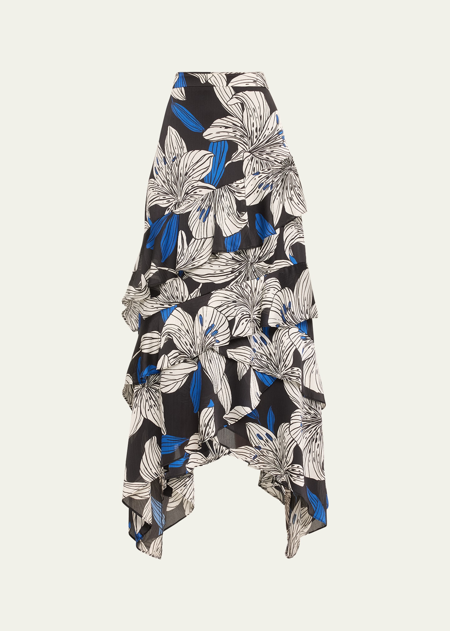 Shop Ramy Brook Elina Lily Tiered High-low Skirt In Black Lily Print