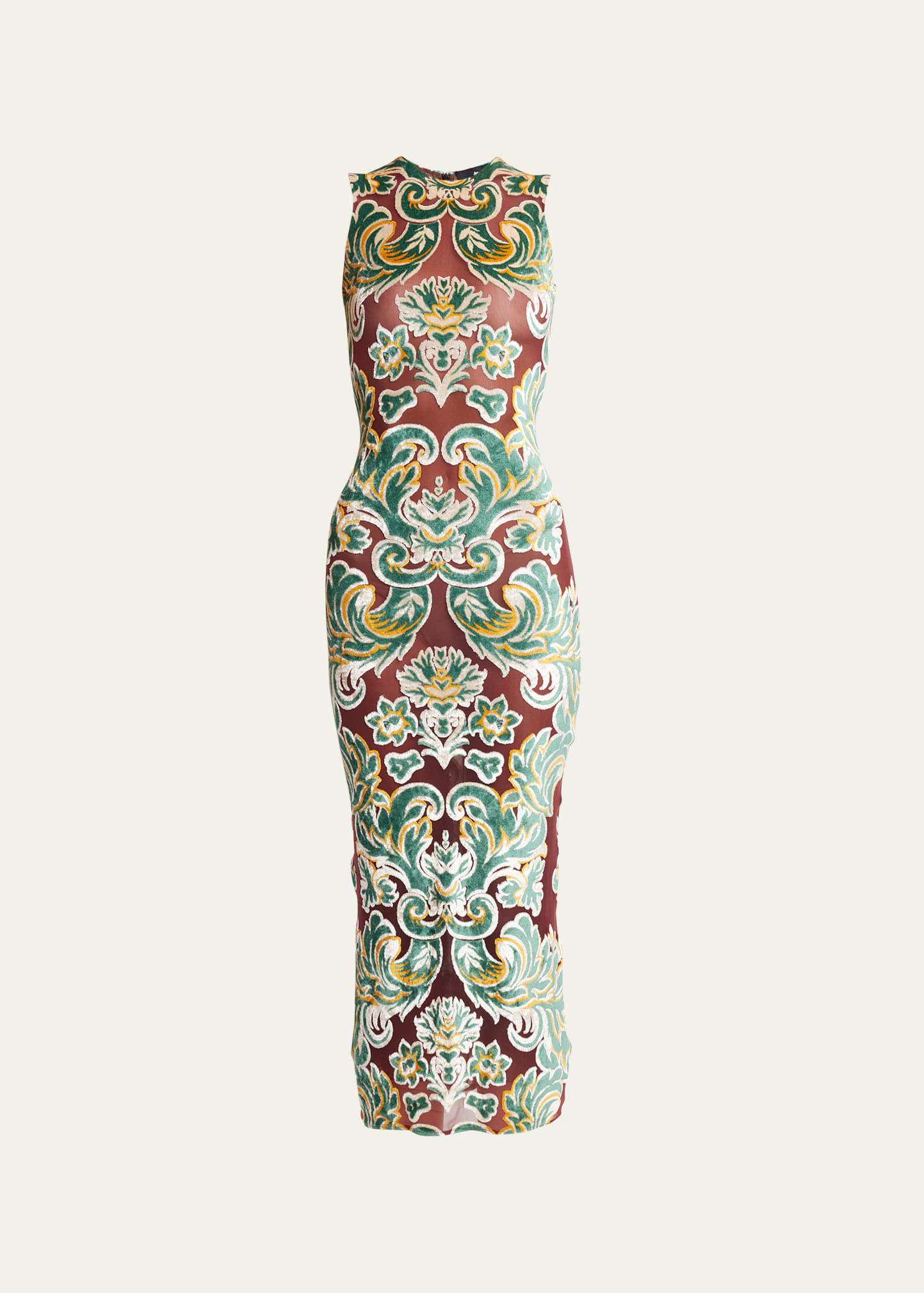 Shop Etro Sleeveless Damask-print Fitted Midi Dress In Burgundy