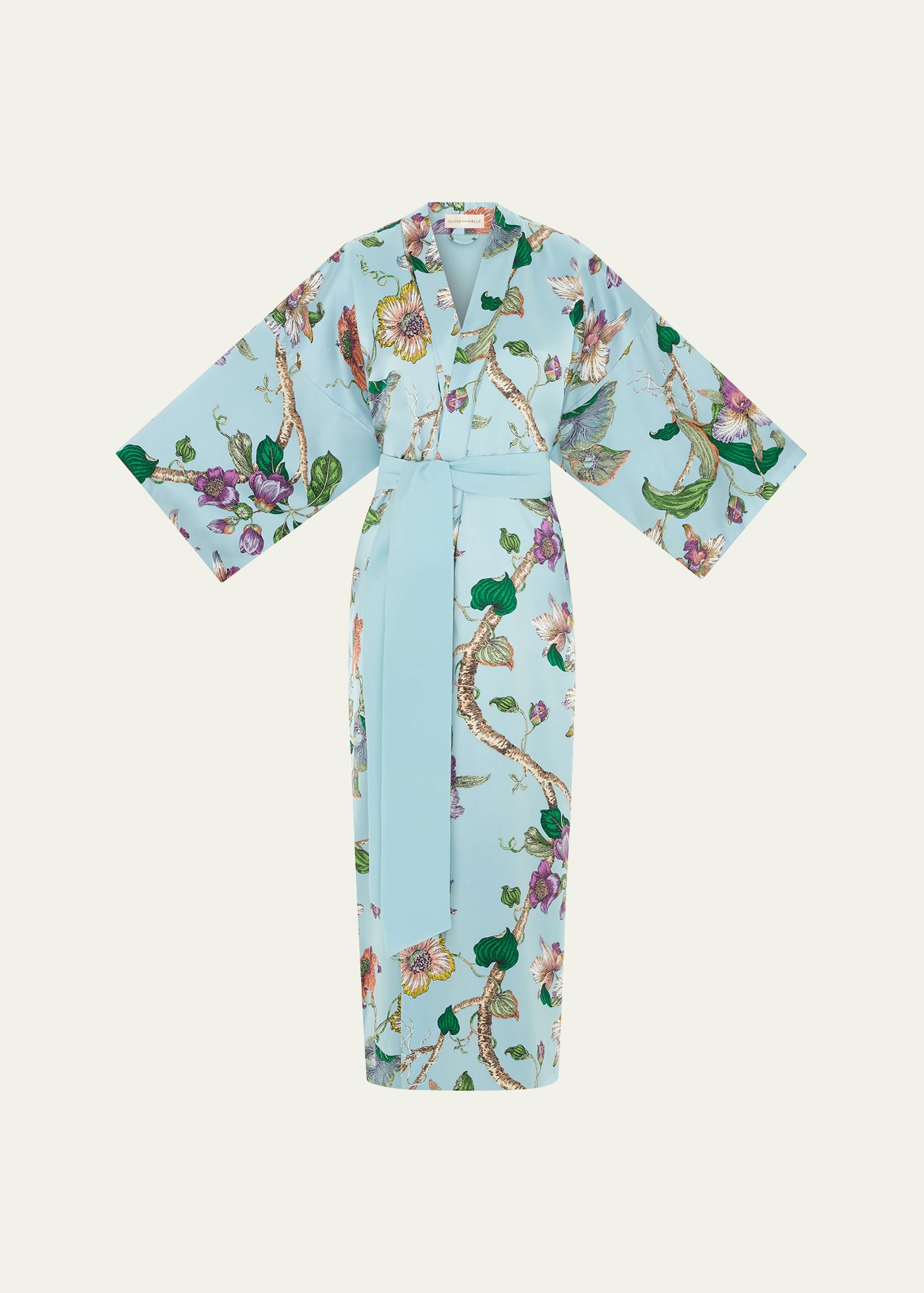 Shop Olivia Von Halle Queenie Floral-print Silk Kimono Robe In Ceres