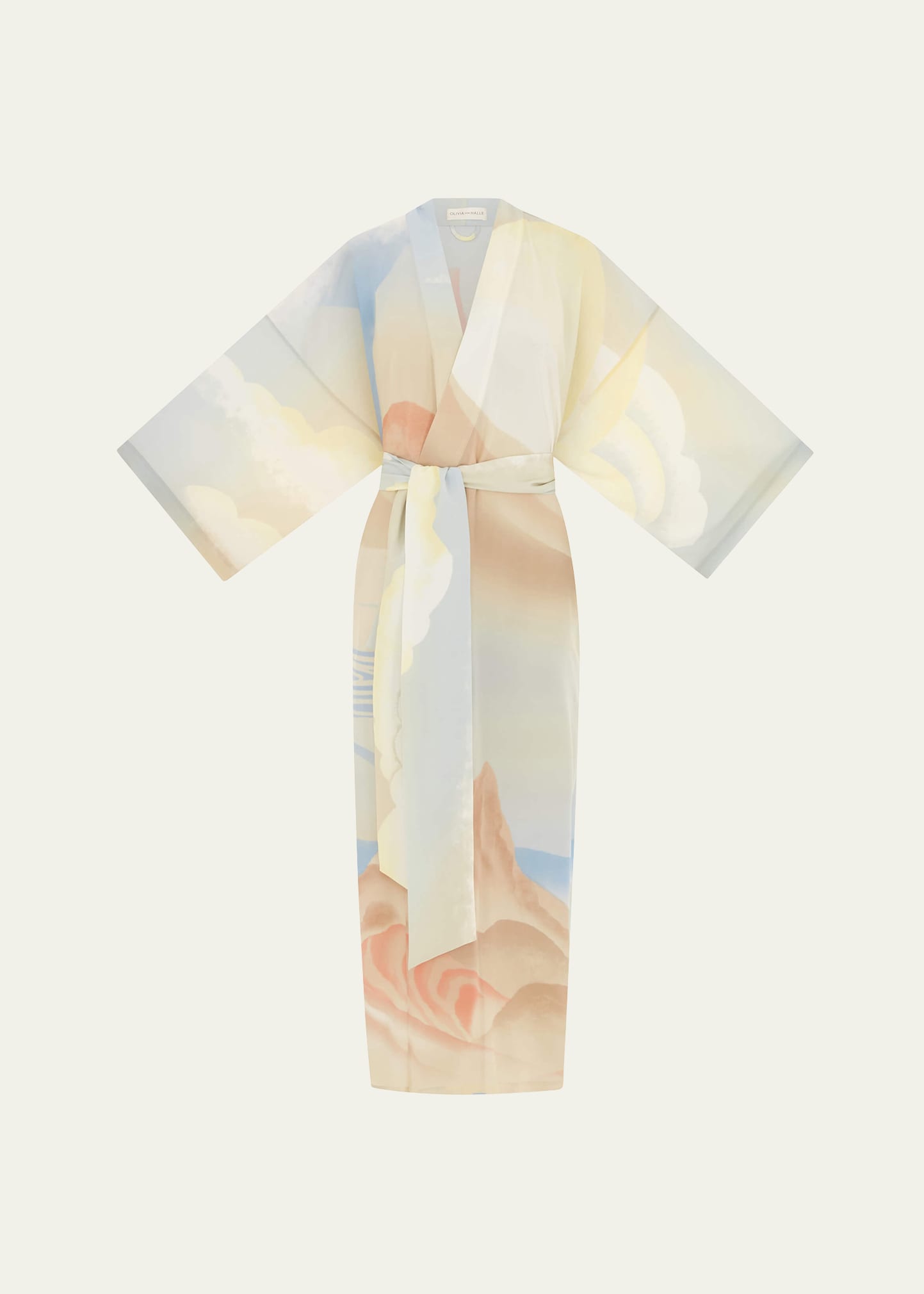 Shop Olivia Von Halle Queenie Landscape-print Silk Kimono Robe In Ecliptic