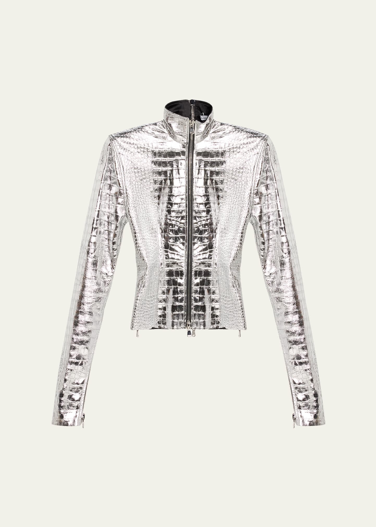 Shop Laquan Smith Metallic Croc-embossed Leather Jacket In Silver