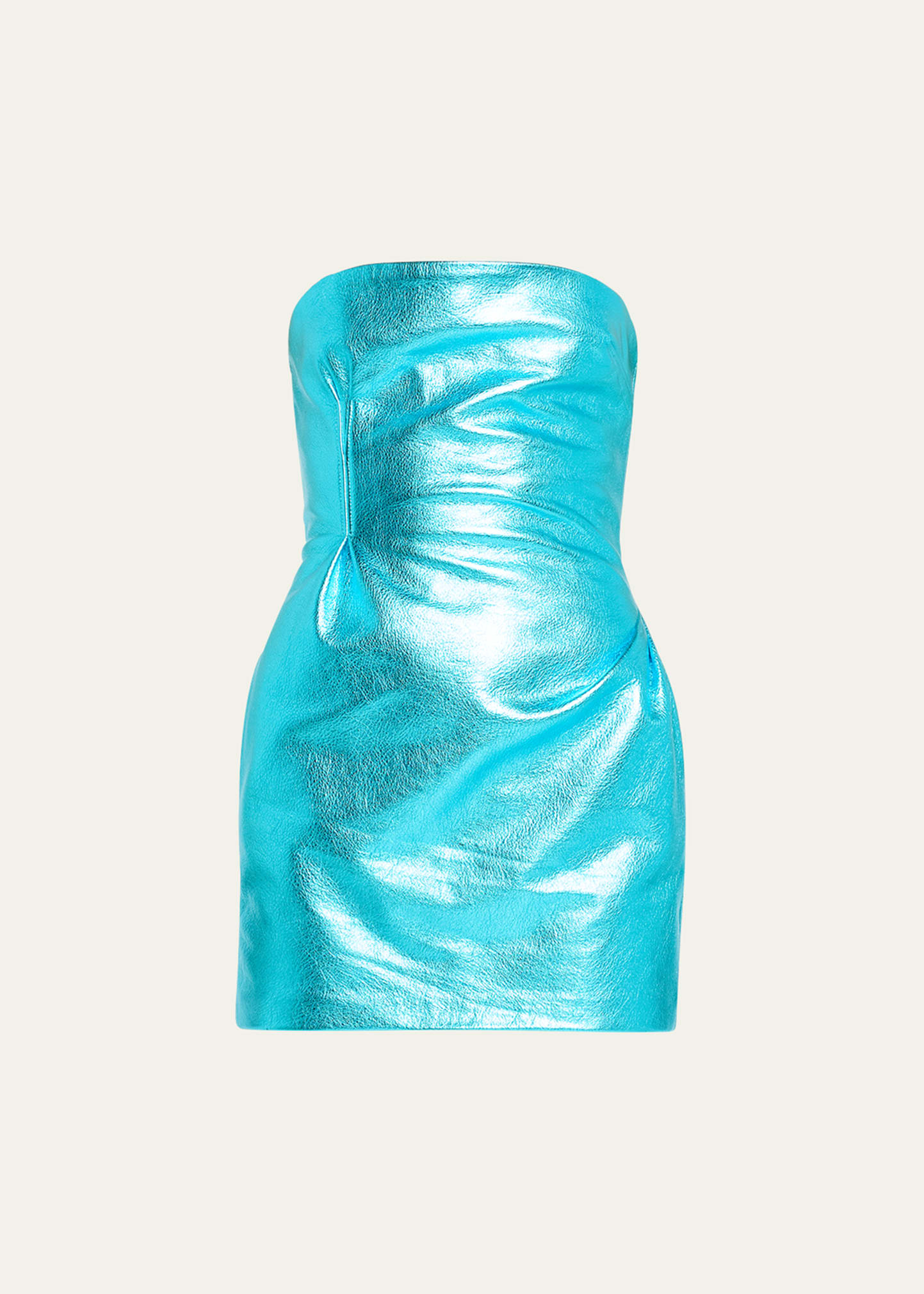 Shop Laquan Smith Strapless Metallic Leather Mini Dress In Aqua