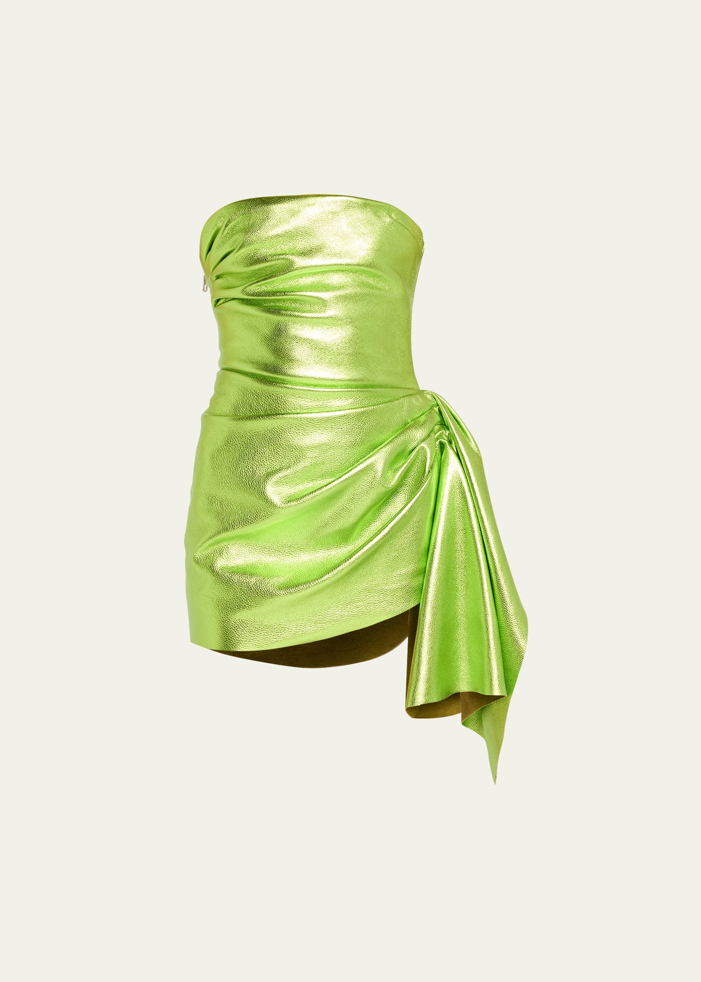 Shop Laquan Smith Strapless Metallic Mini Dress With Ruching In Lime