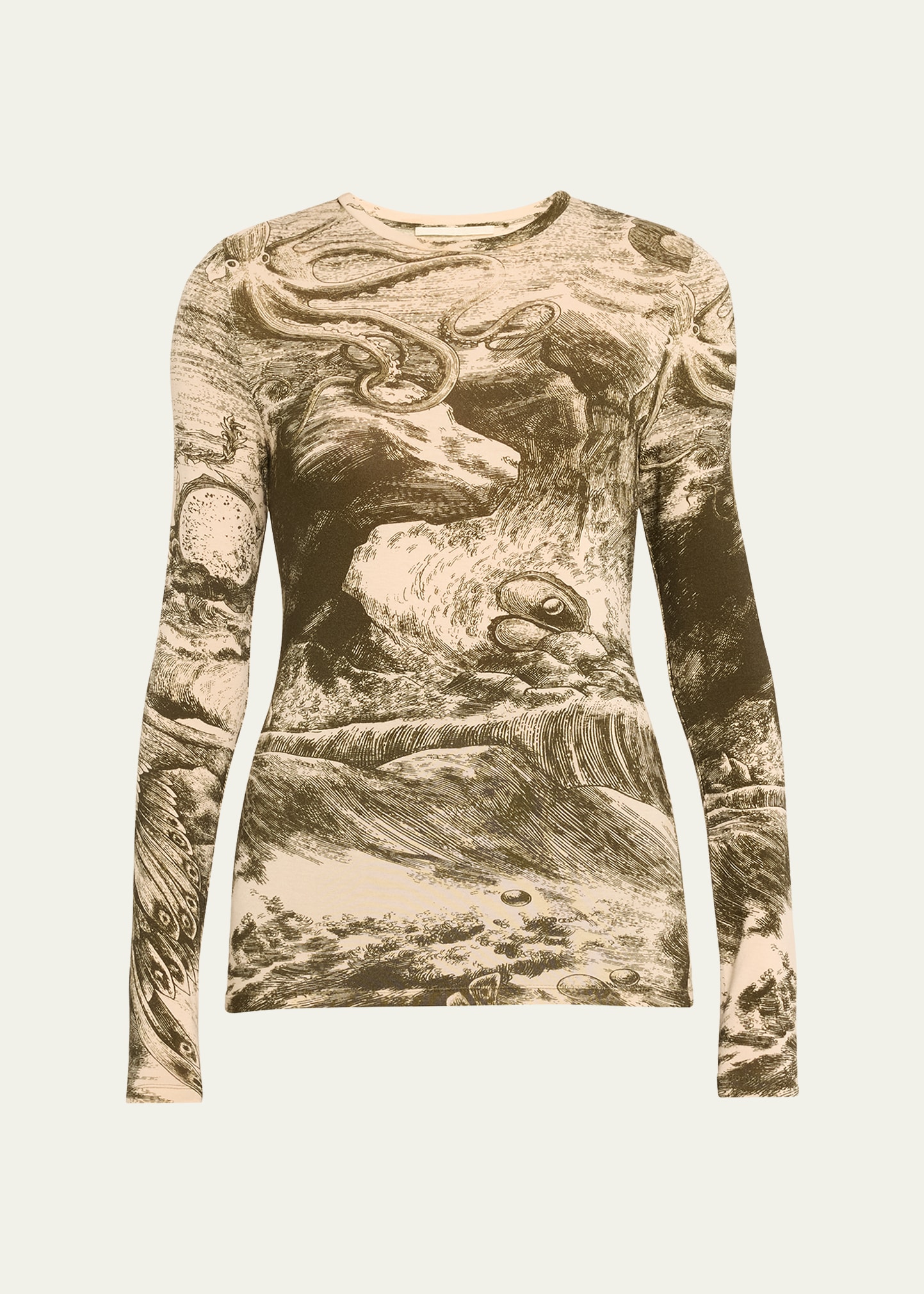 Shop Jason Wu Collection Oceanscape Printed Jersey Long-sleeve Top In Cream/ Deep Olive