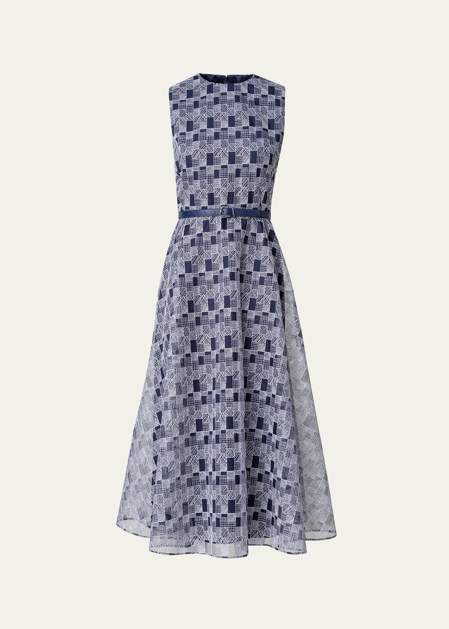 Shop Akris Abstract-print Tulle Belted Midi Dress In Navy-ecru