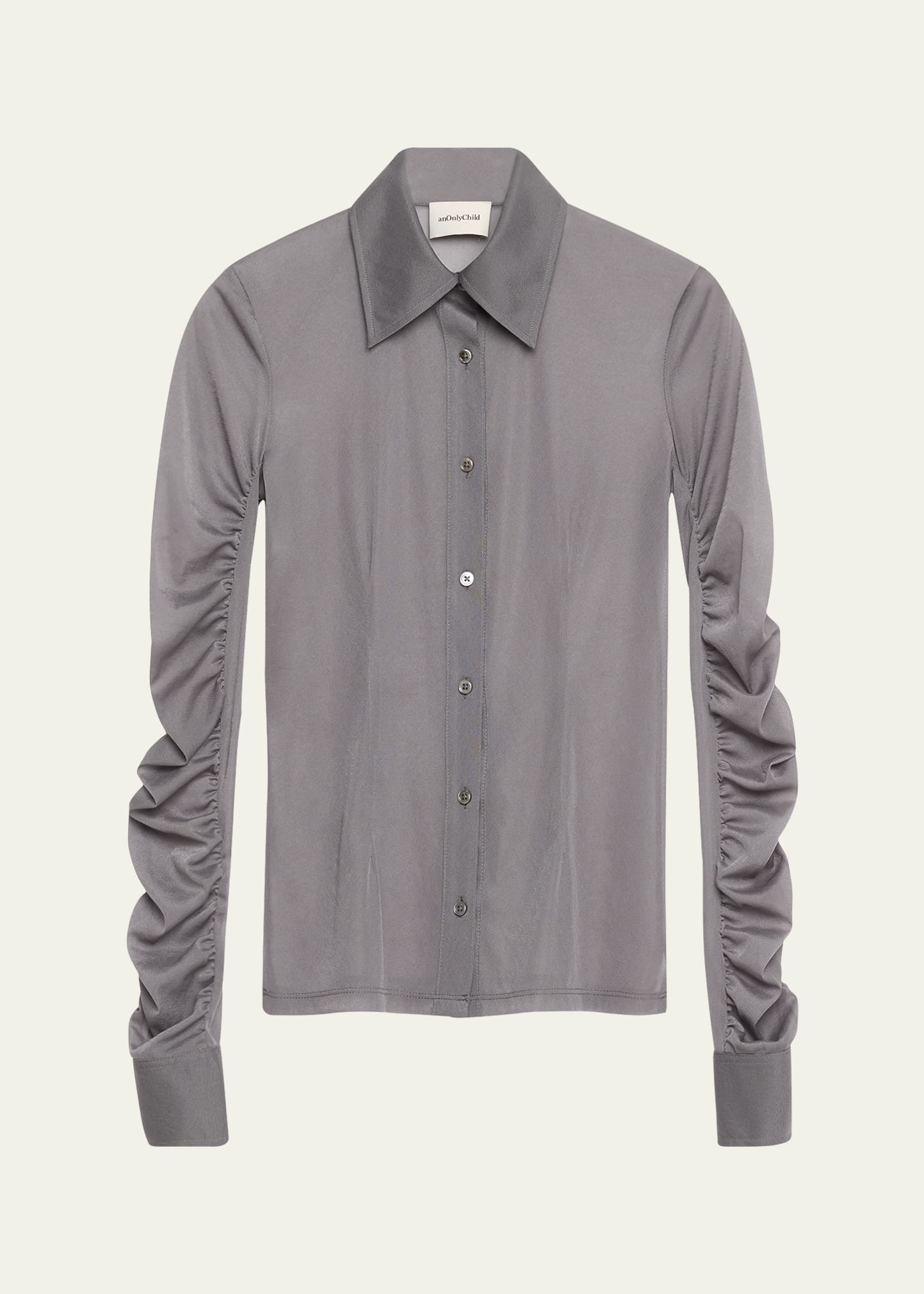 Shop Anonlychild Luidas Semi-sheer Ruched Sleeve Shirt In Slate