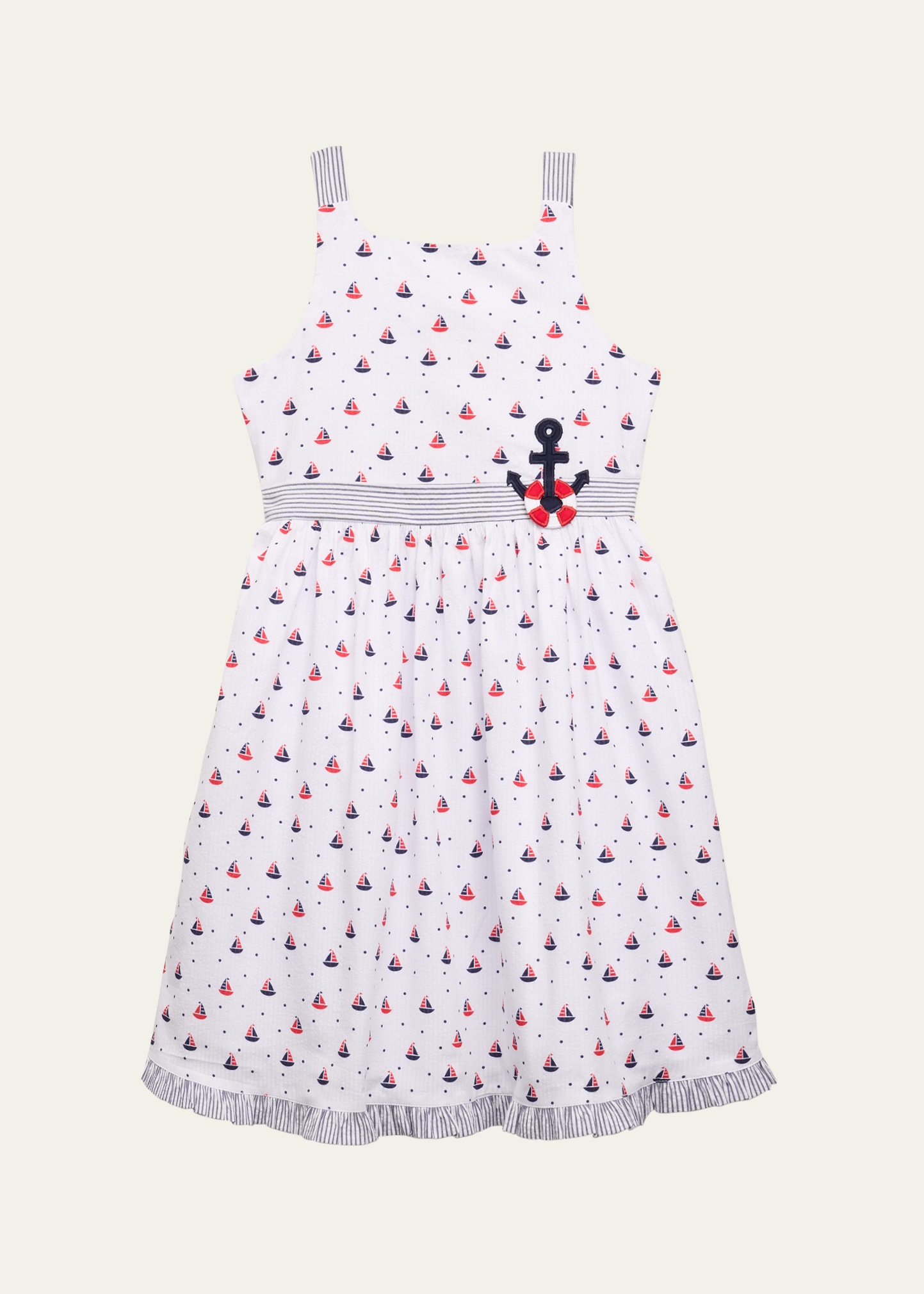 Girl's Sailboat Print Seersucker Dress with Anchor, Size 2-6