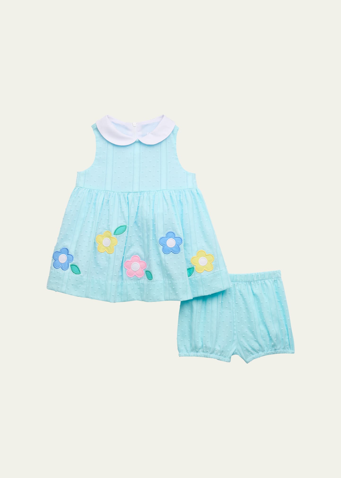Girl's Flower Appliqué Swiss Dot Dress with Bloomers, Size 3M-24M