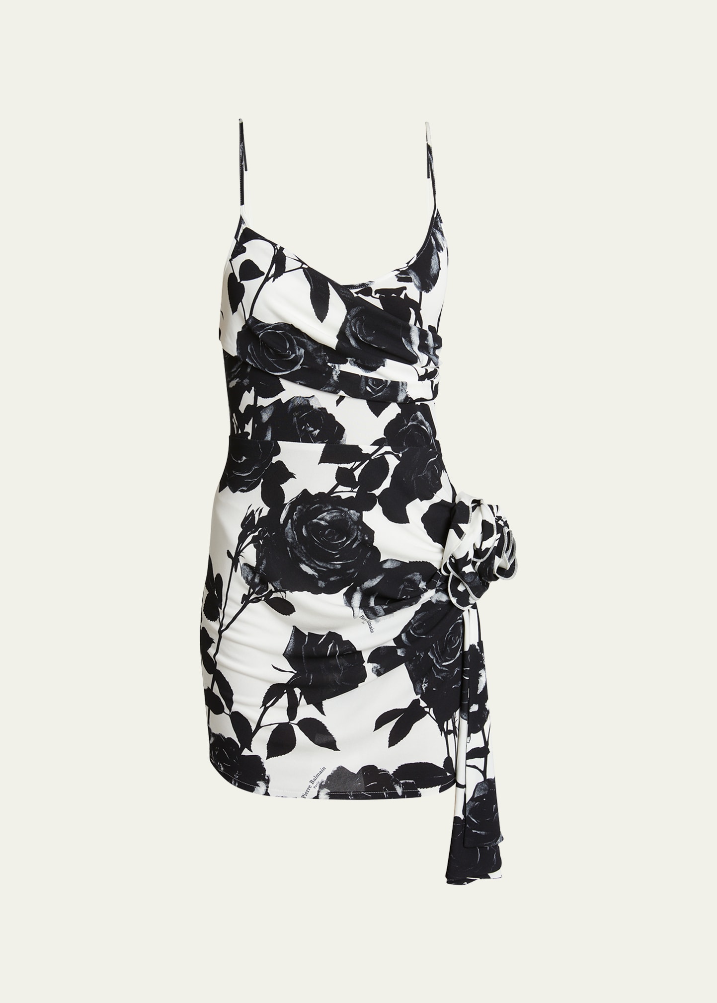 Shop Balmain Draped Rose-print Mini Dress In White Blk