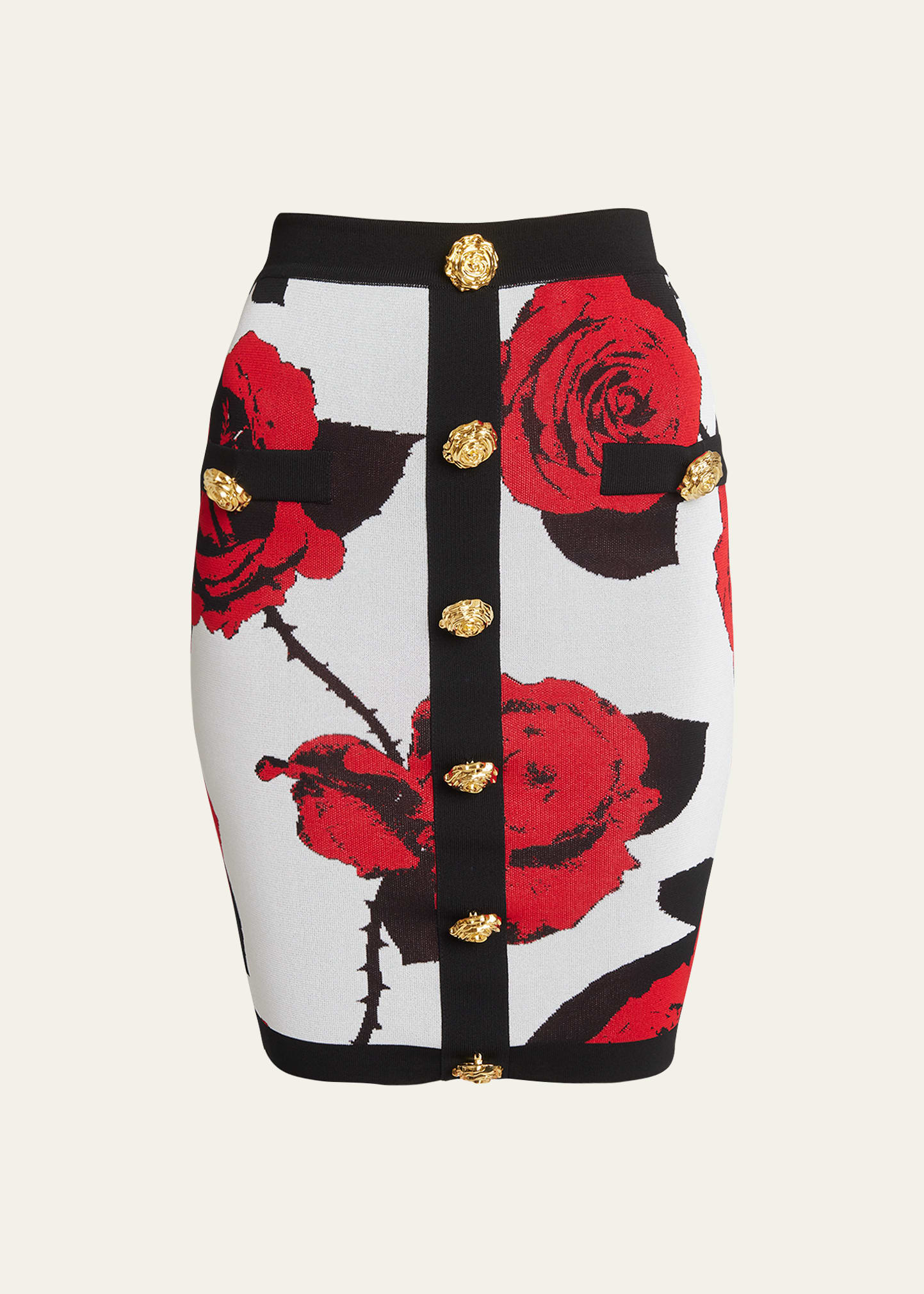Balmain Rose Print Knit Pencil Skirt With Button Detail In White Black Red