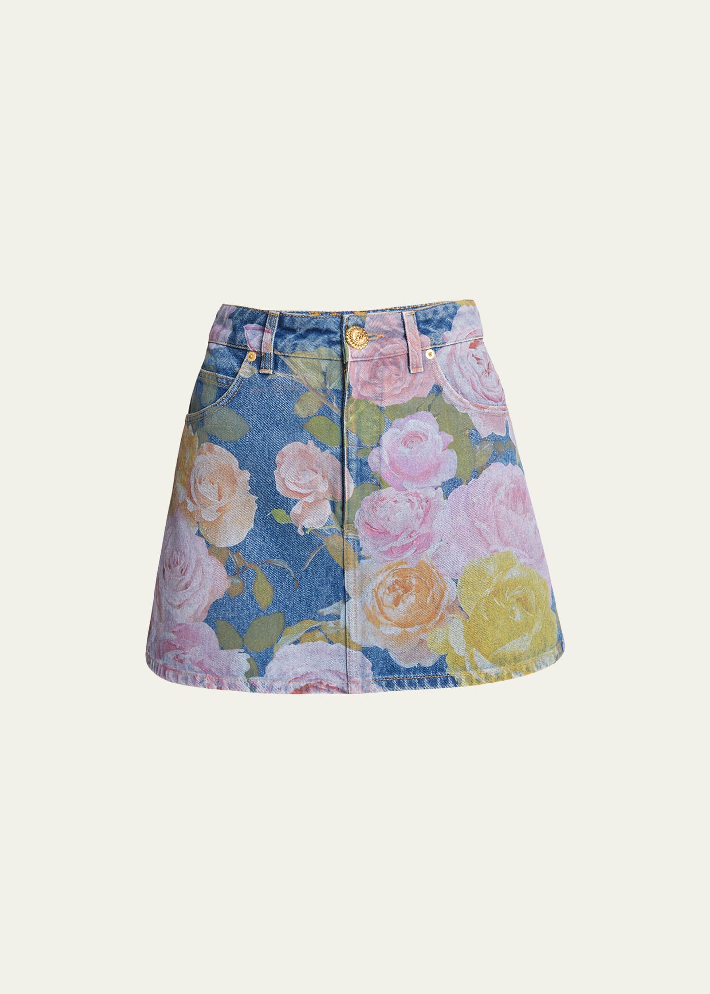 Shop Balmain Rose Print Denim Mini Skirt In Blue