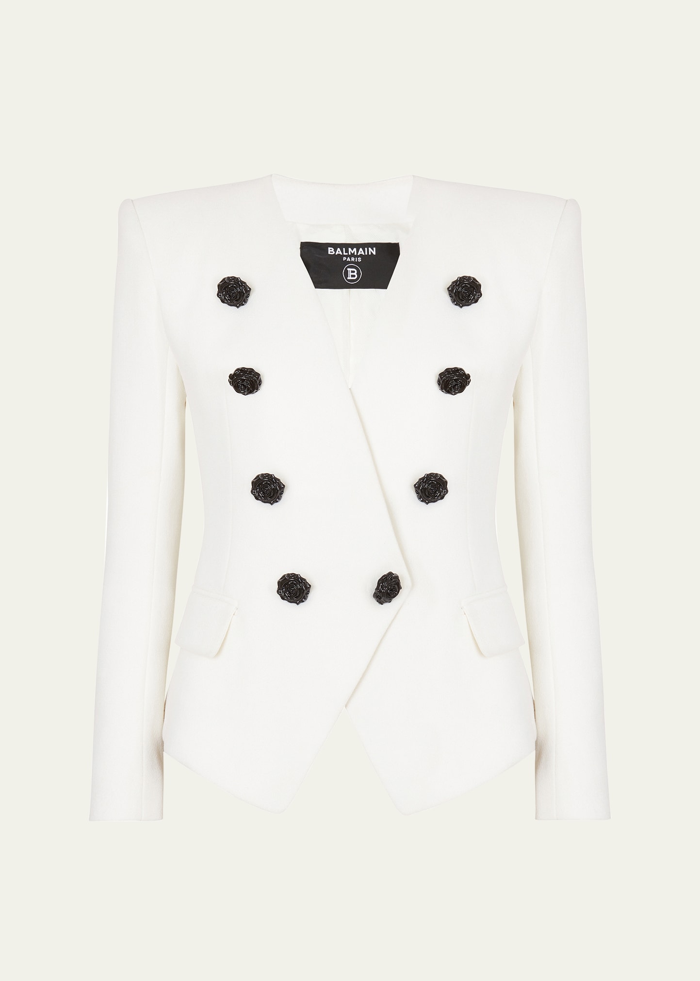 Shop Balmain Collarless Blazer Jacket With Rose Buttons In Optical White