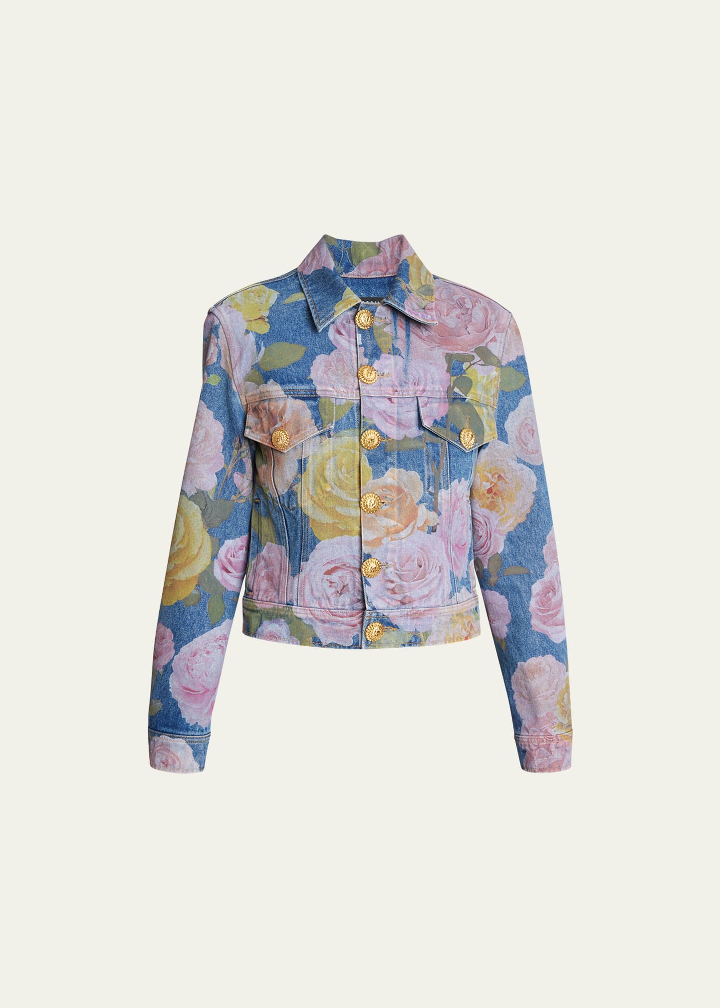 Shop Balmain Rose-print Denim Jacket In Blue
