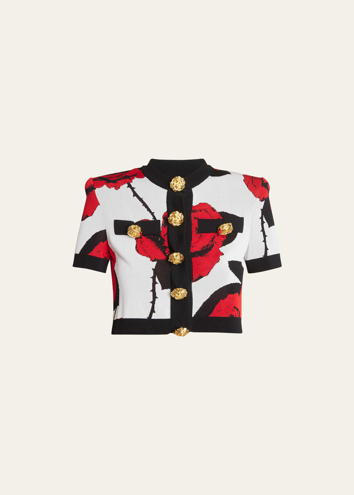 Shop Balmain Cropped Rose Print Button-down Cardigan In White Black Red