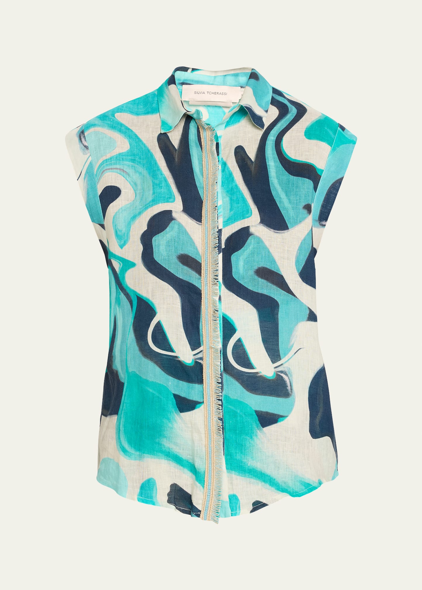Shop Silvia Tcherassi Rina Abstract Cap-sleeve Linen Blouse In Turquoise Marble