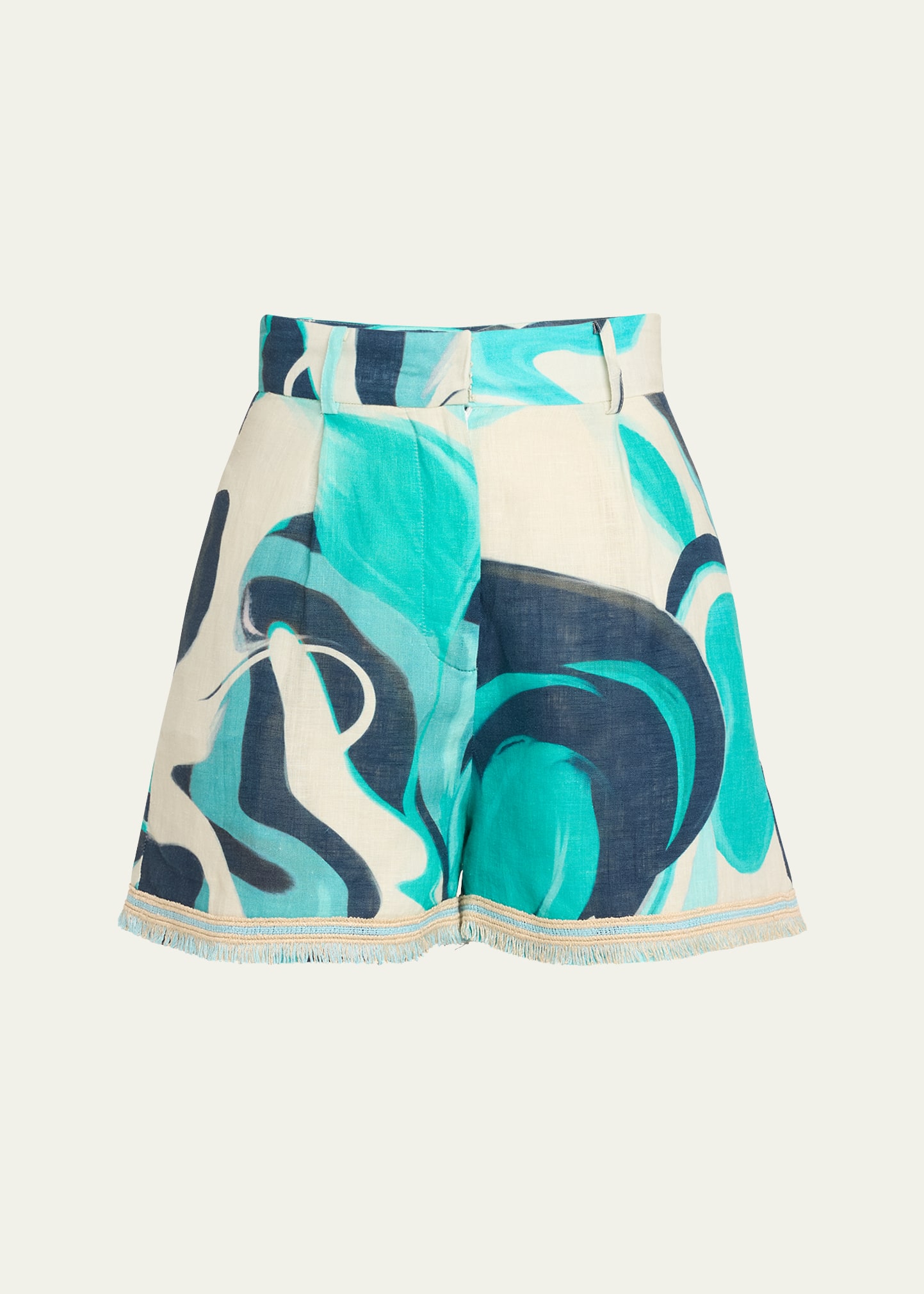 Silvia Tcherassi Arnit Abstract Frayed-trim Linen Shorts In Turquoise Marble