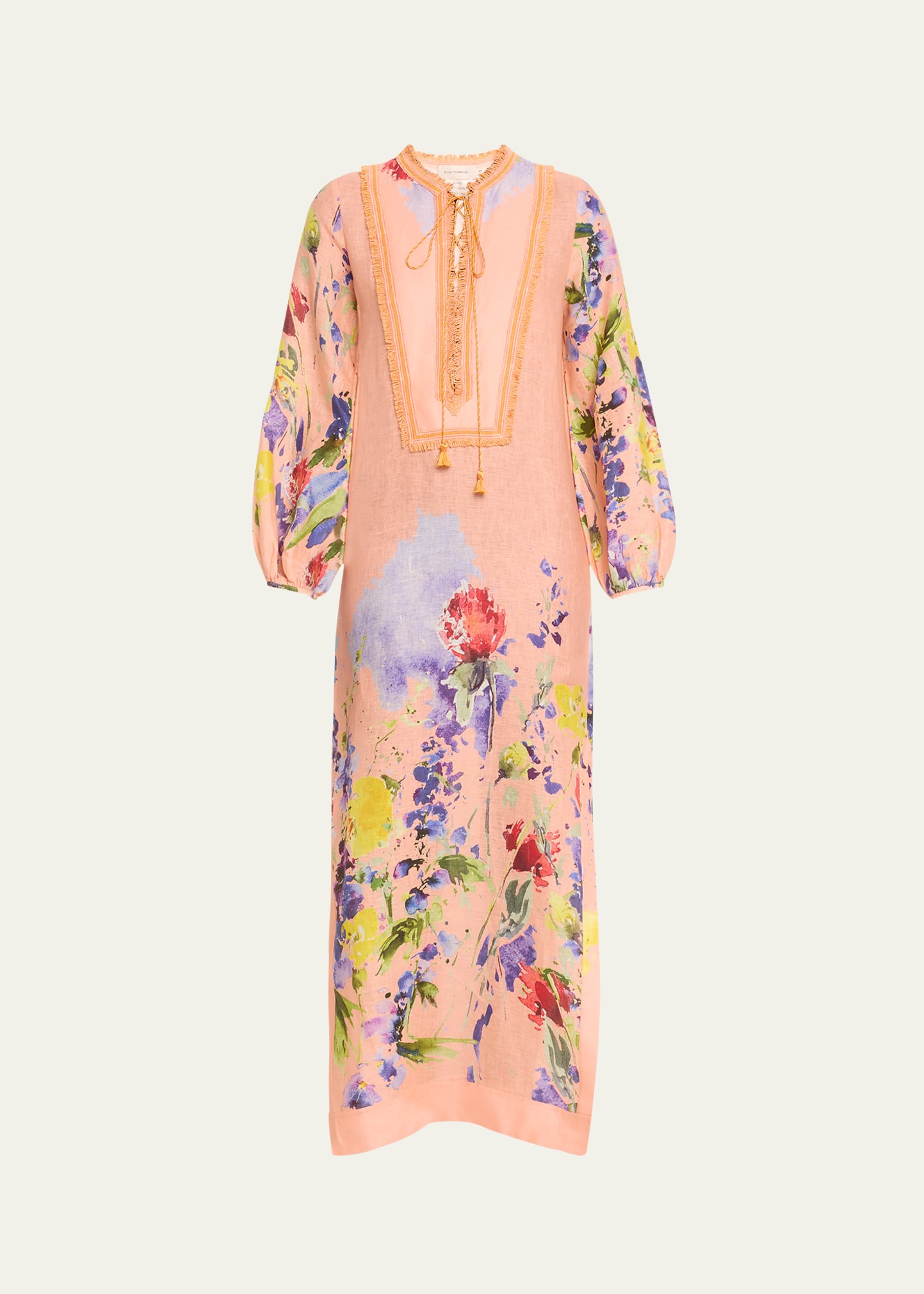 Silvia Tcherassi Isernia Floral Fringe-trim Lace-up Linen Tunic In Apricot Spring Ga