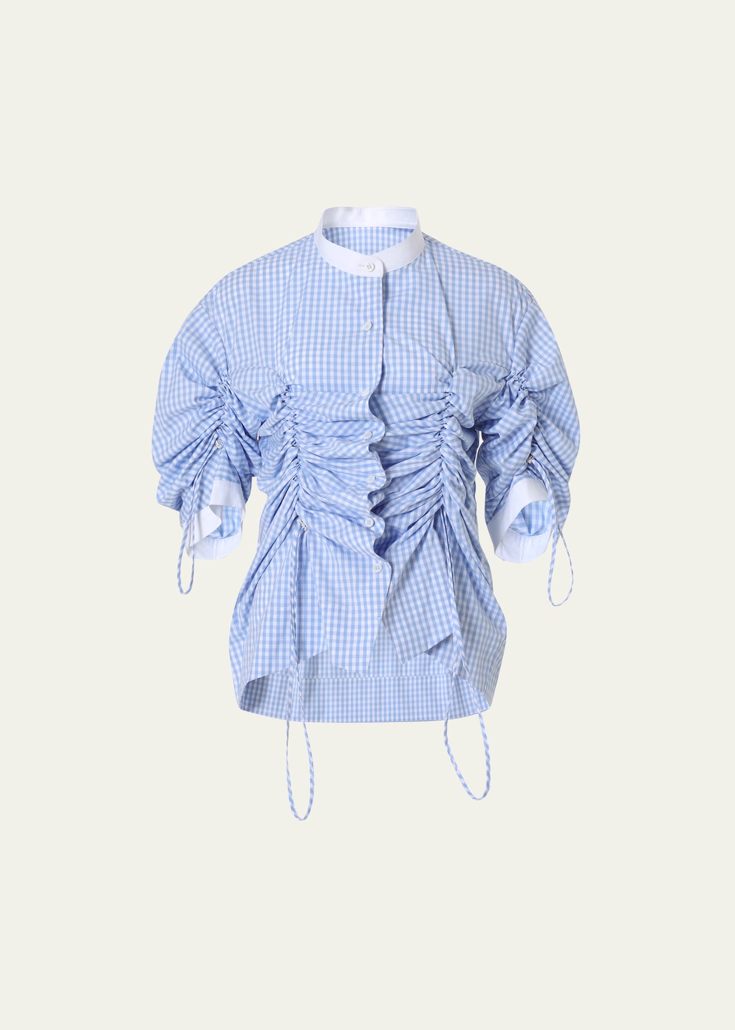 Besfxxk Gingham Stand Collar Ruched Blouse In Blue