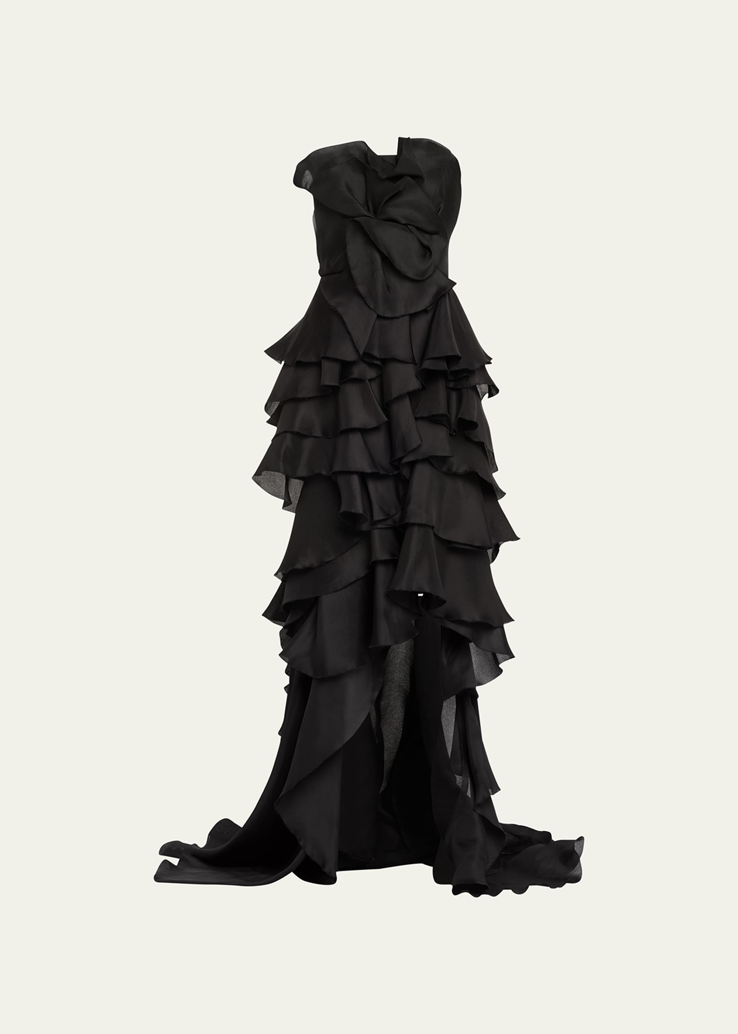 Marchesa Strapless Tiered Ruffle Petal Gown In Black