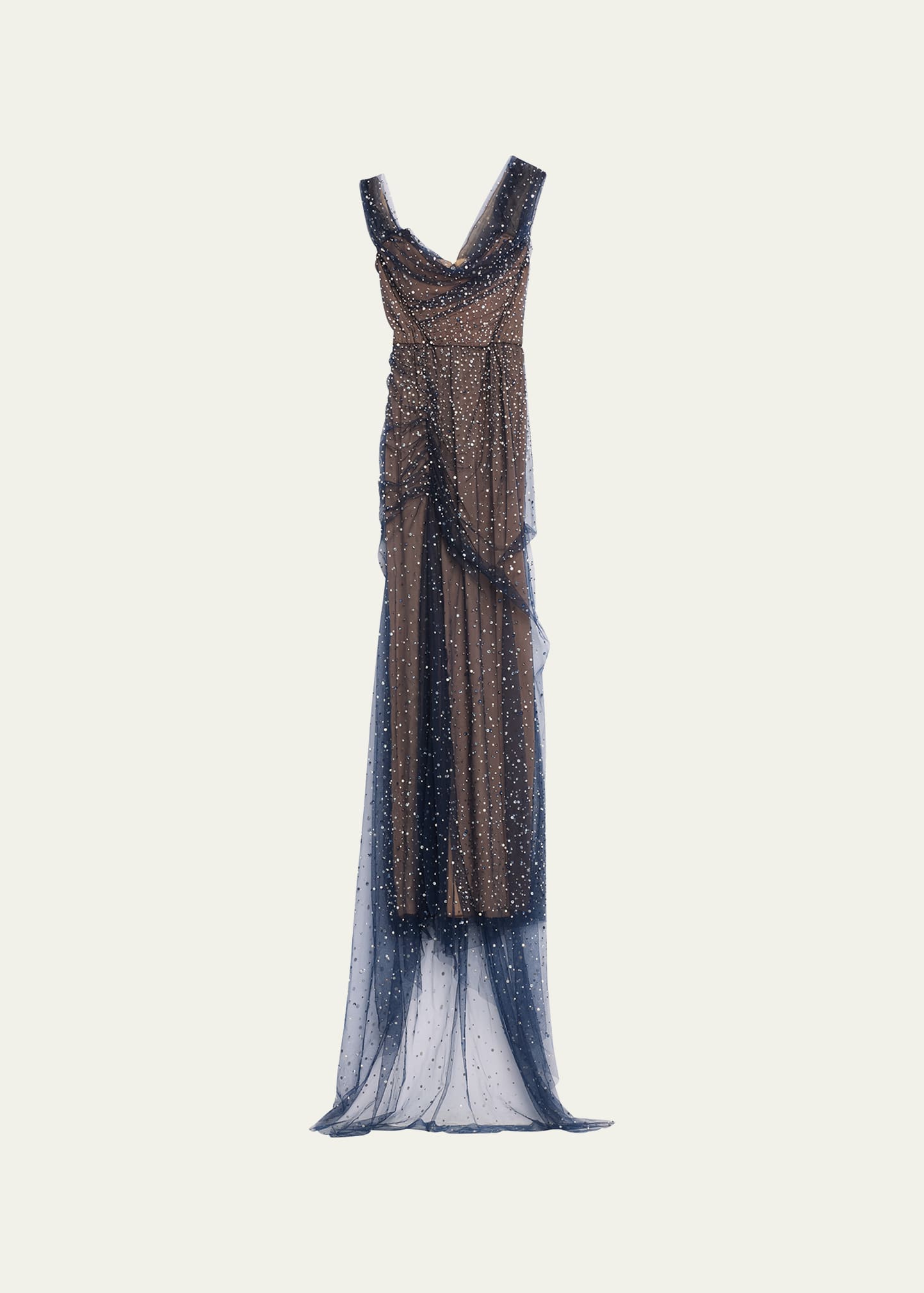 Marchesa Pearly Crystal Overlay Gown In Navy