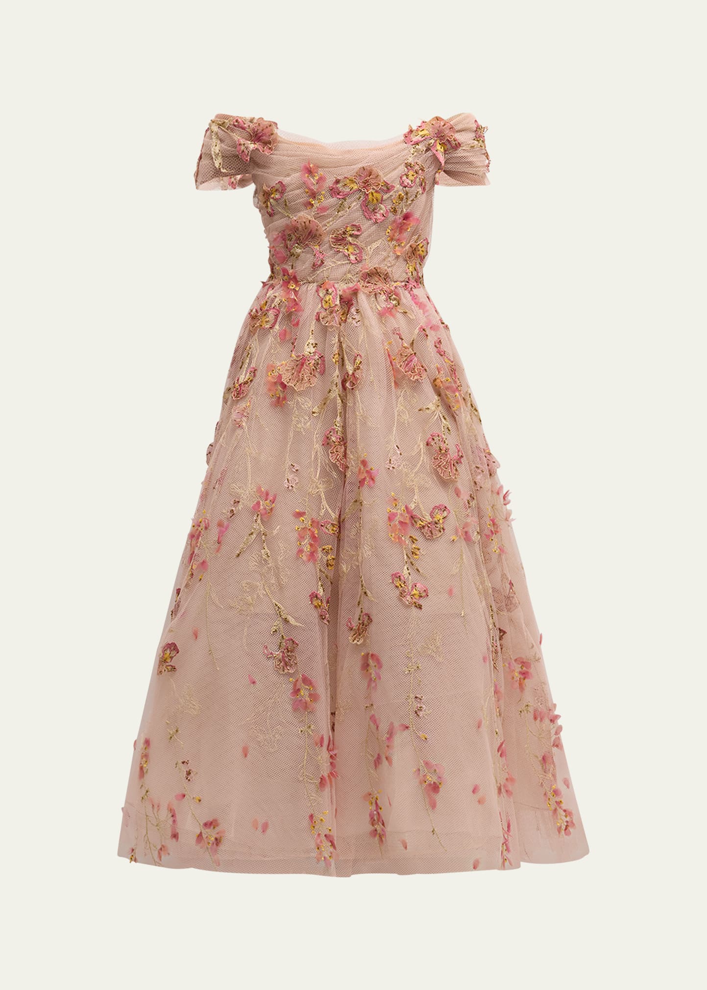 Marchesa Off-shoulder Floral Applique Dress In Blush
