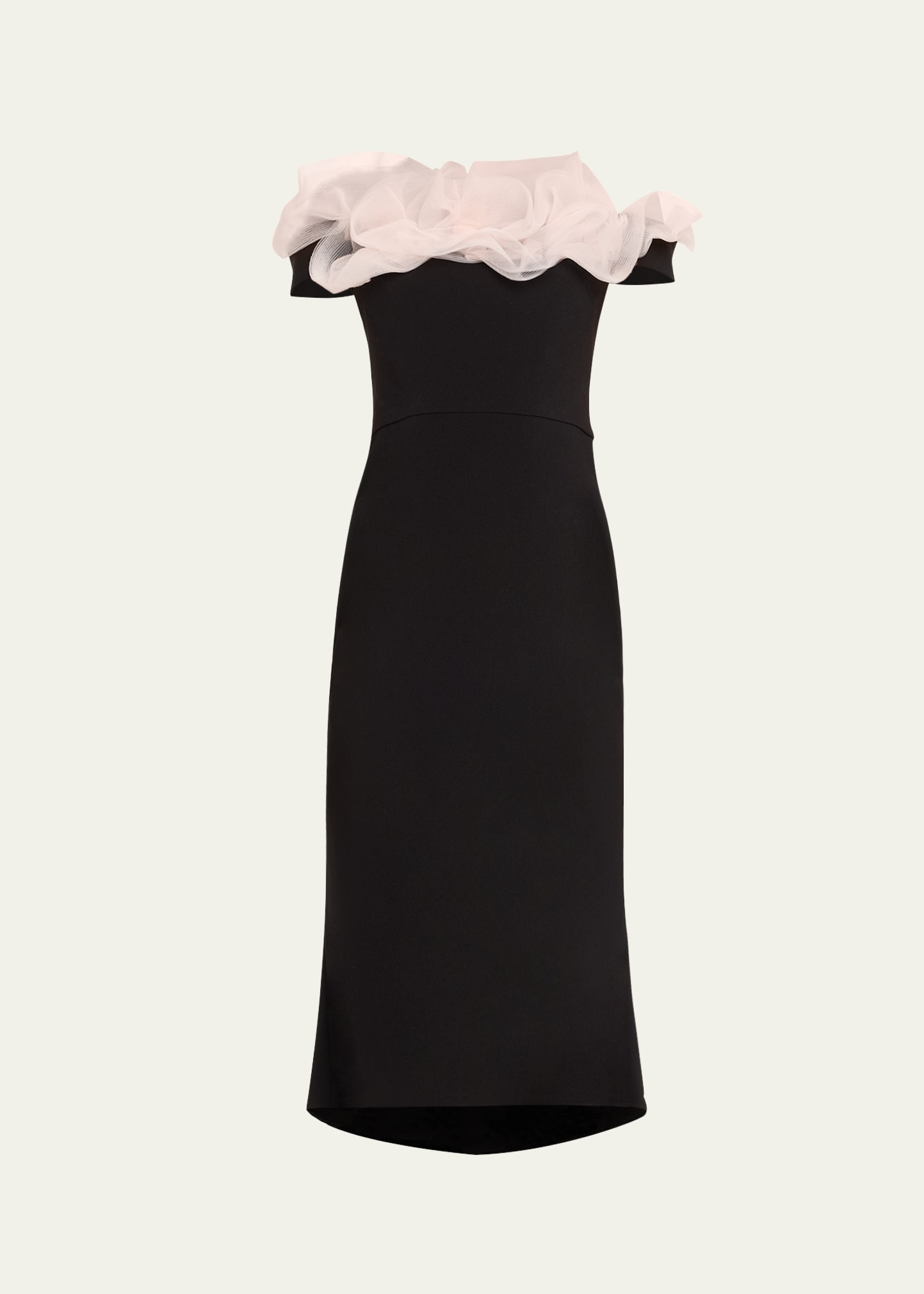 Shop Marchesa Fitted Midi Dress With Ruffle Neckline In Black Peach