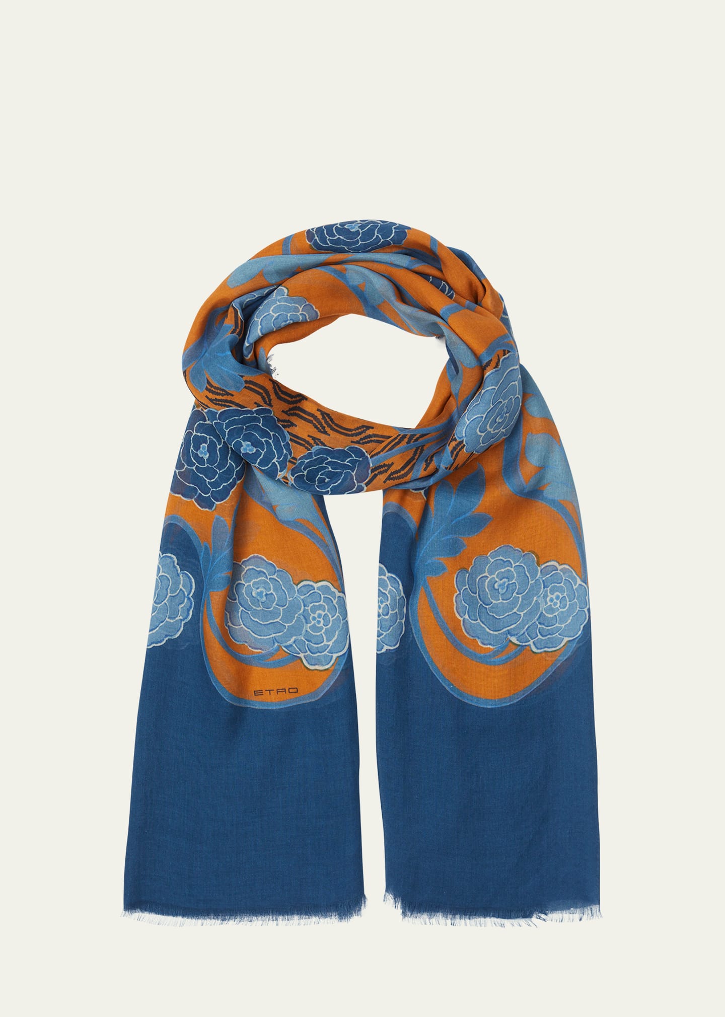 Shop Etro Floral Print Silk Scarf In Print On Blue Bas