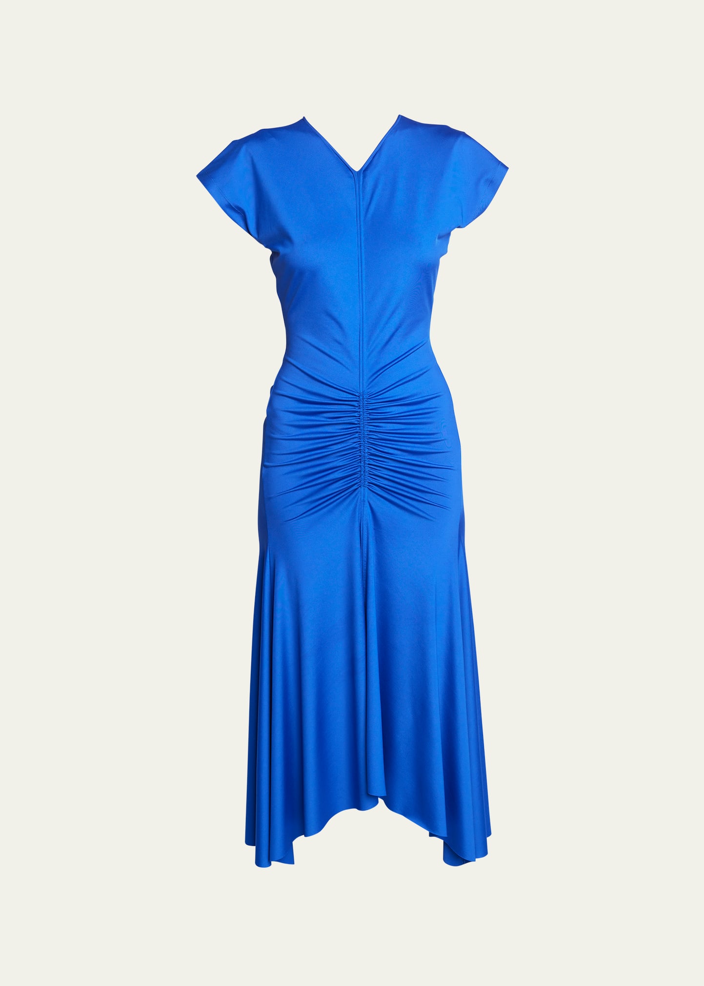 VICTORIA BECKHAM V-NECK RUCHED ASYMMETRIC JERSEY MIDI DRESS