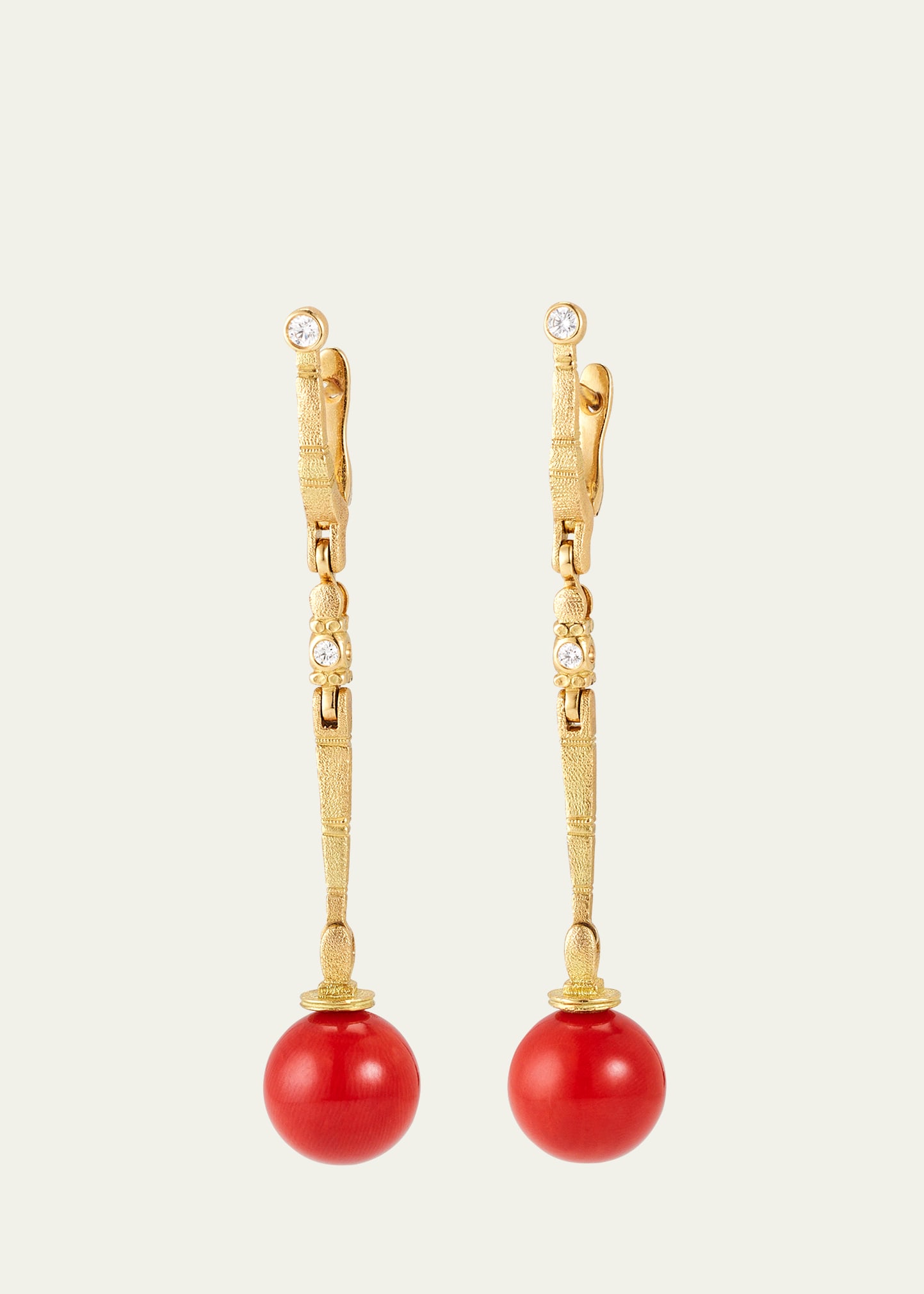 18K Yellow Gold Sticks and Stones Earrings with Diamonds and Coral