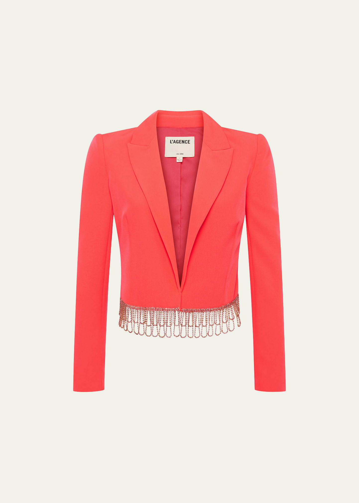 L Agence Jen Womens Crystal Fringe Cropped Open-front Blazer In Neon Coral