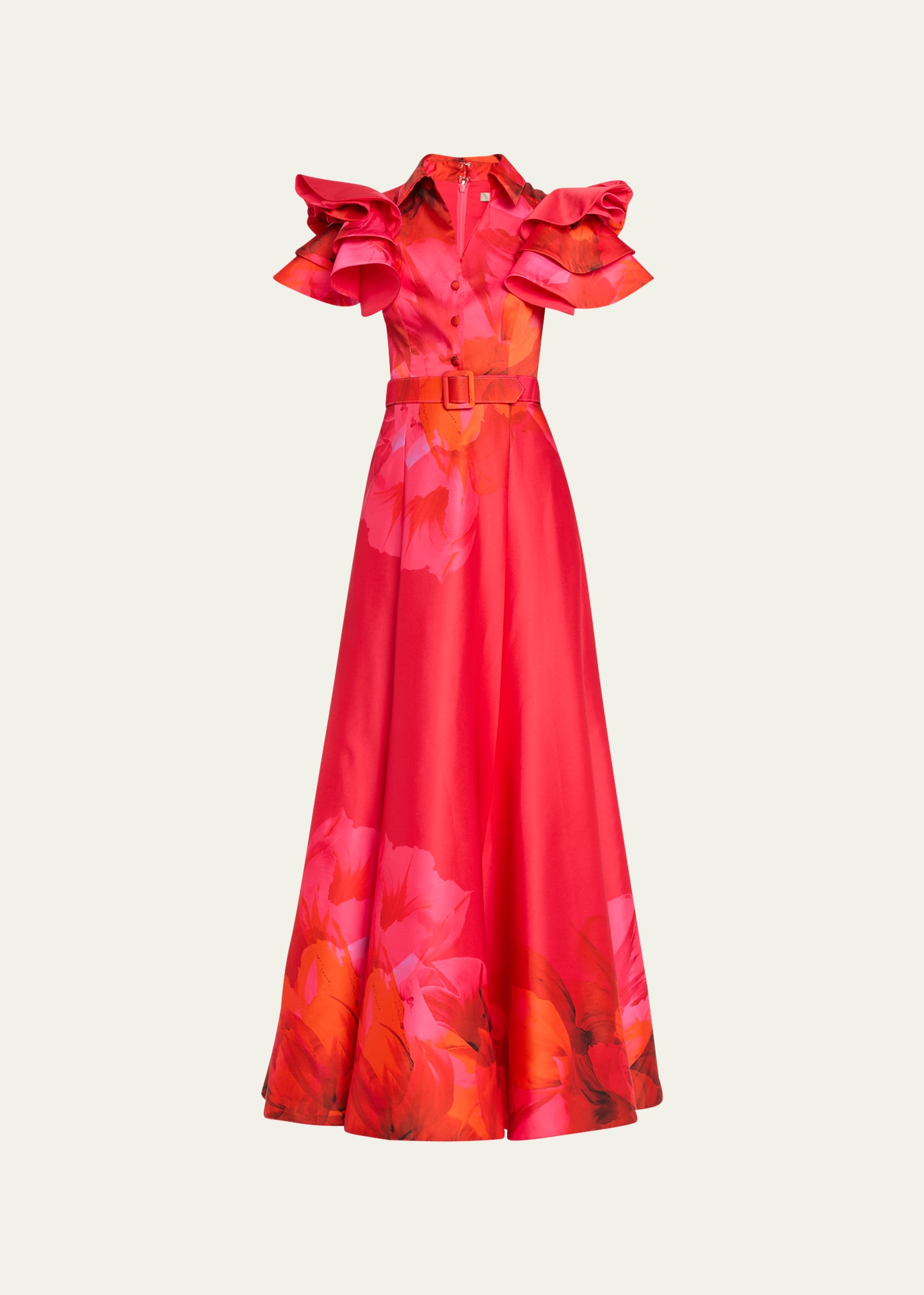 Shop Badgley Mischka Floral-print Ruffle-sleeve Shirt Gown In Fuml