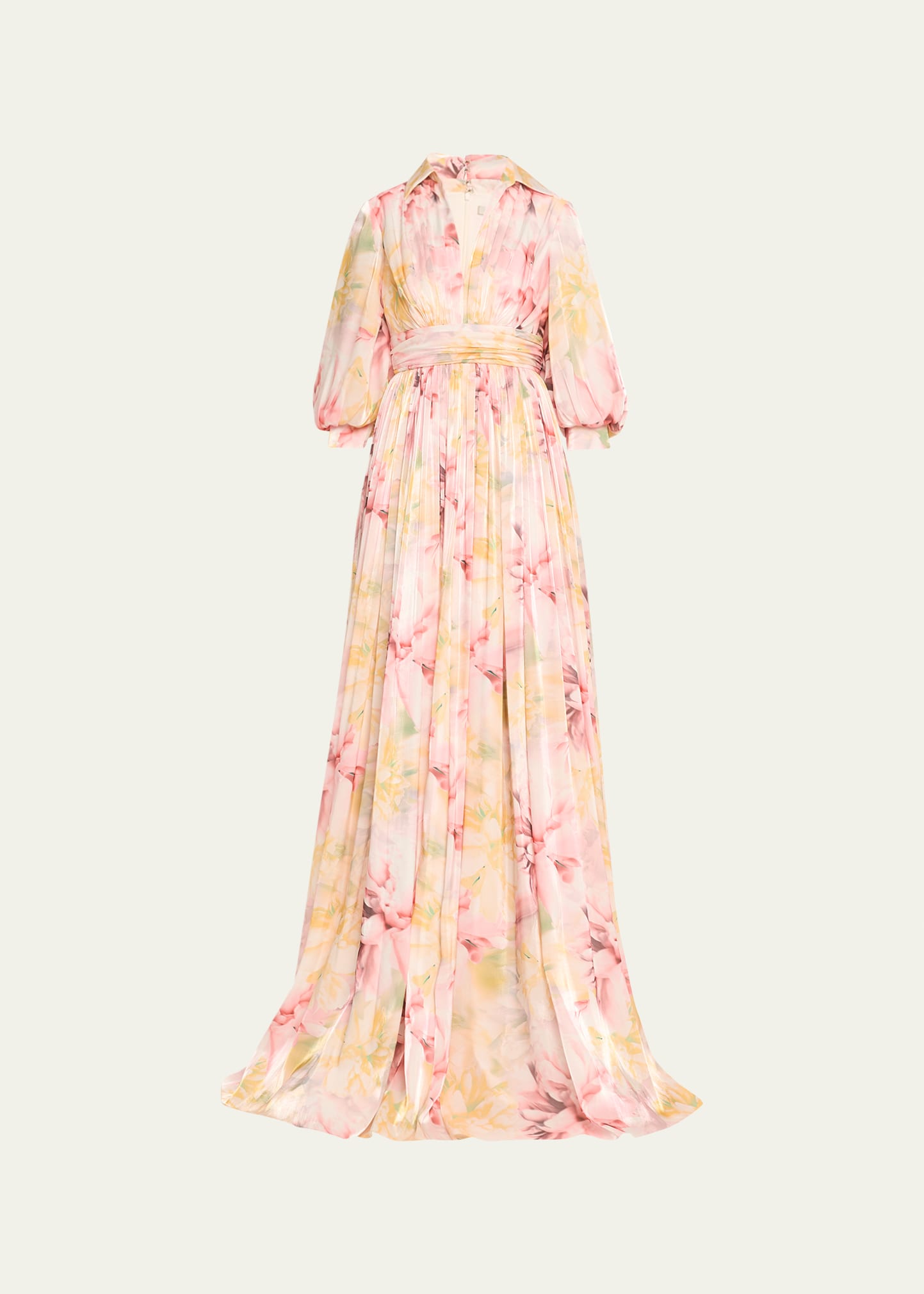 Blouson-Sleeve Shimmer Floral-Print Empire Gown