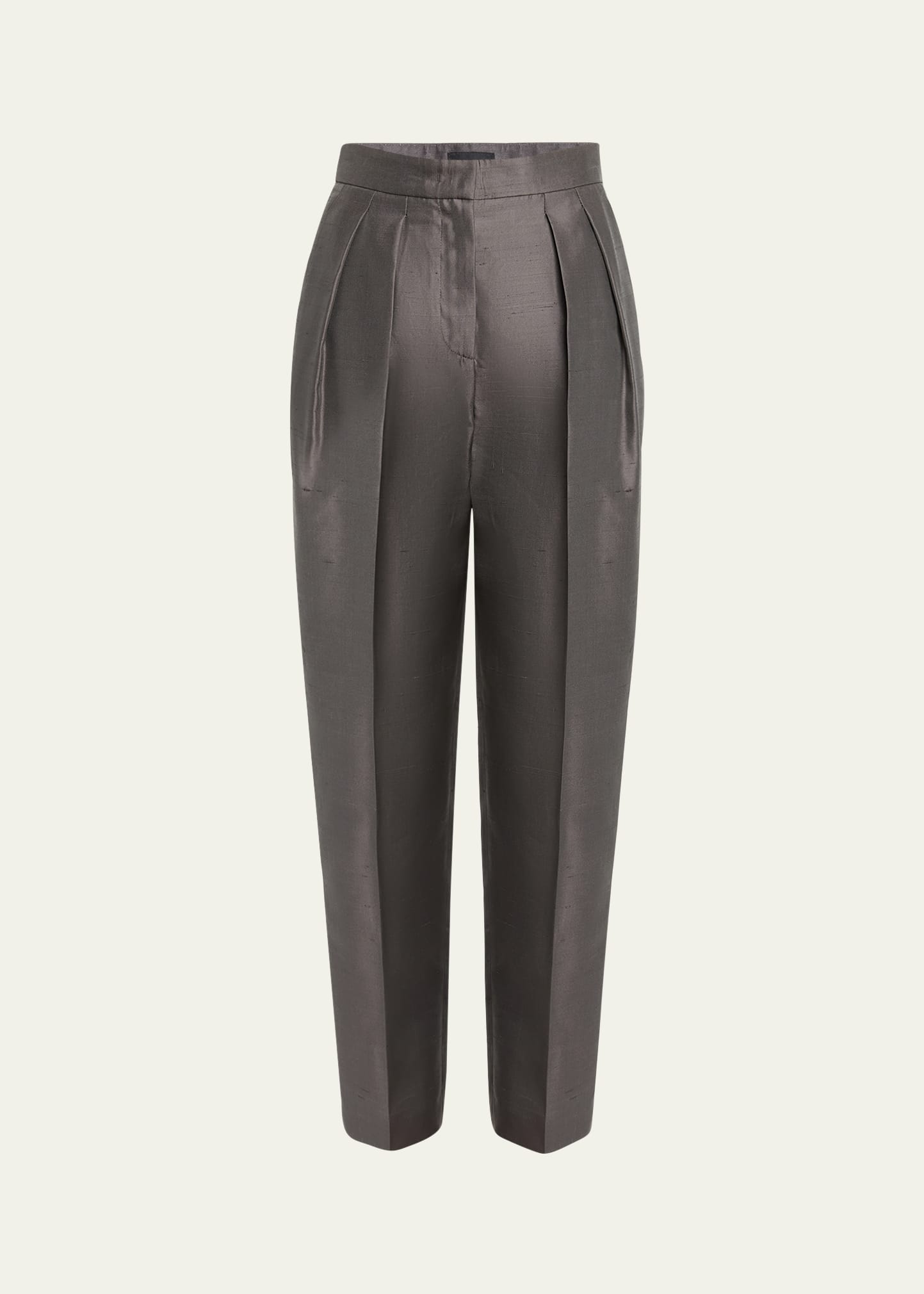 Shop Giorgio Armani Shantung Silk Pleated Straight-leg Trousers In Dark Grey