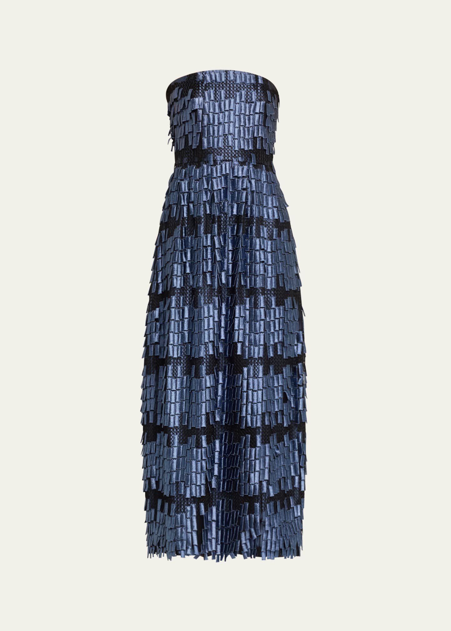 Giorgio Armani Strapless Geometric Fringe Effect Gown In Blue