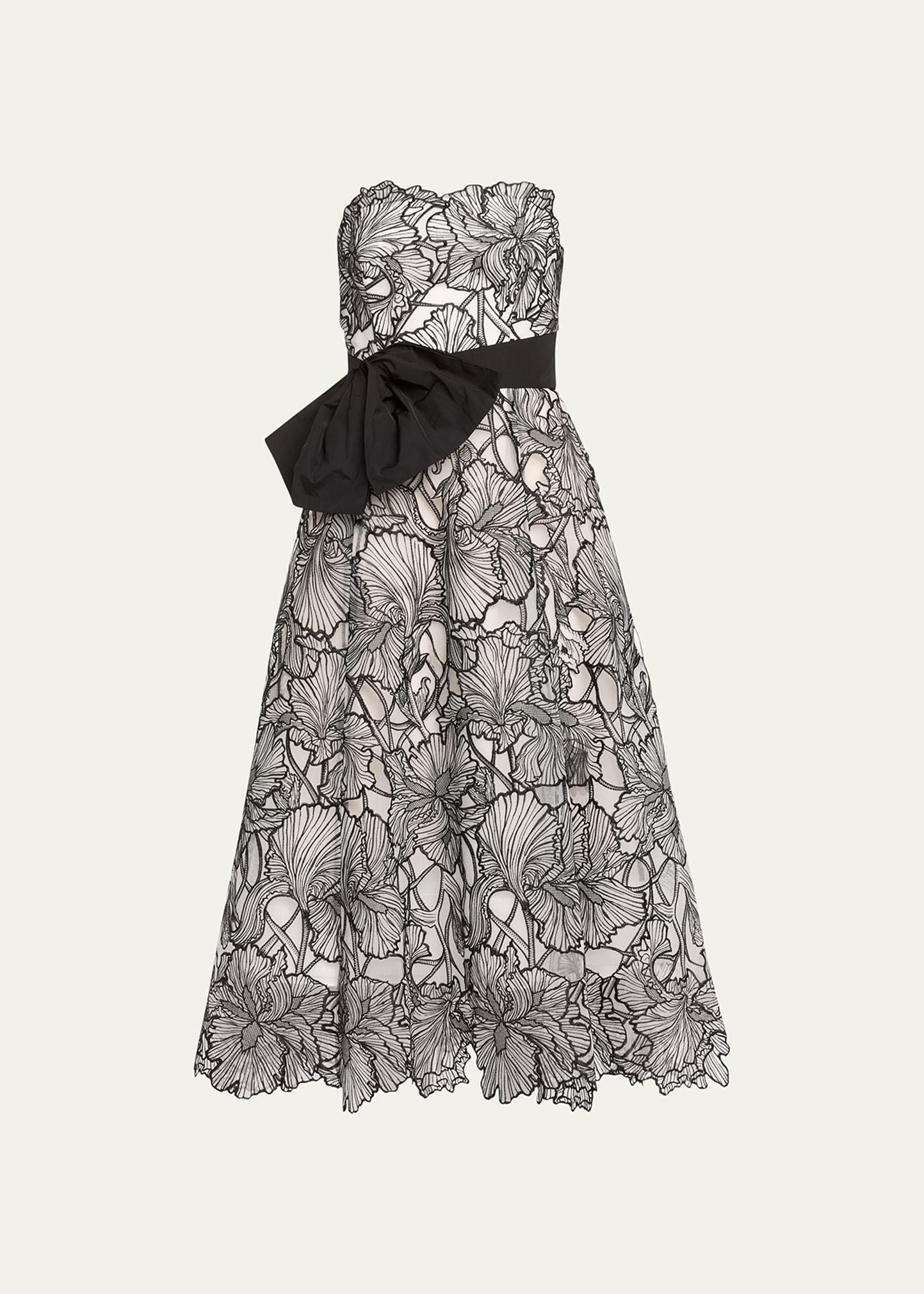 Marchesa Notte Strapless Floral-embroidered Bow Midi Dress In Ivory Black