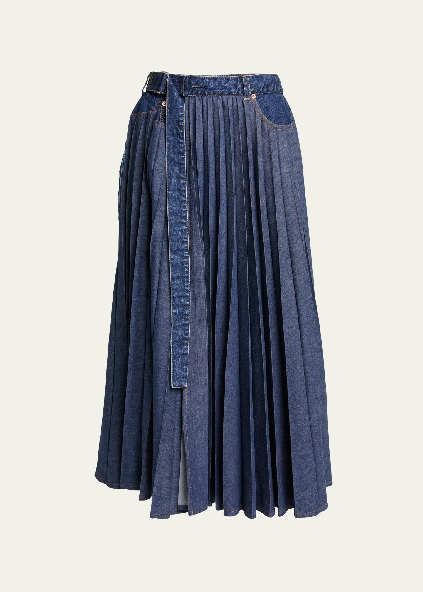 Shop Sacai Belted Denim Pleated Midi Skirt In Blue