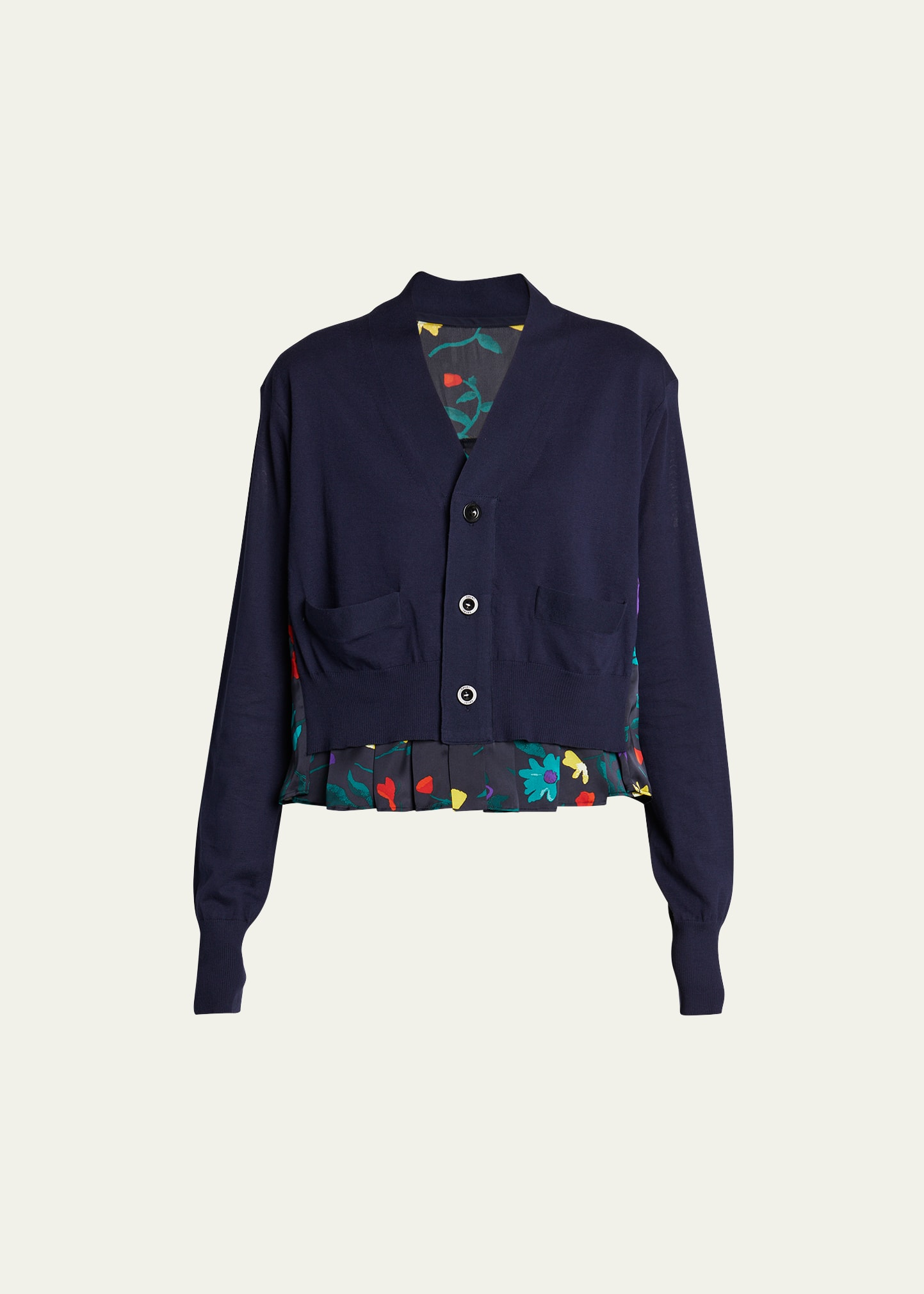 Sacai Flower-print Back Button Down Cardigan In Navy