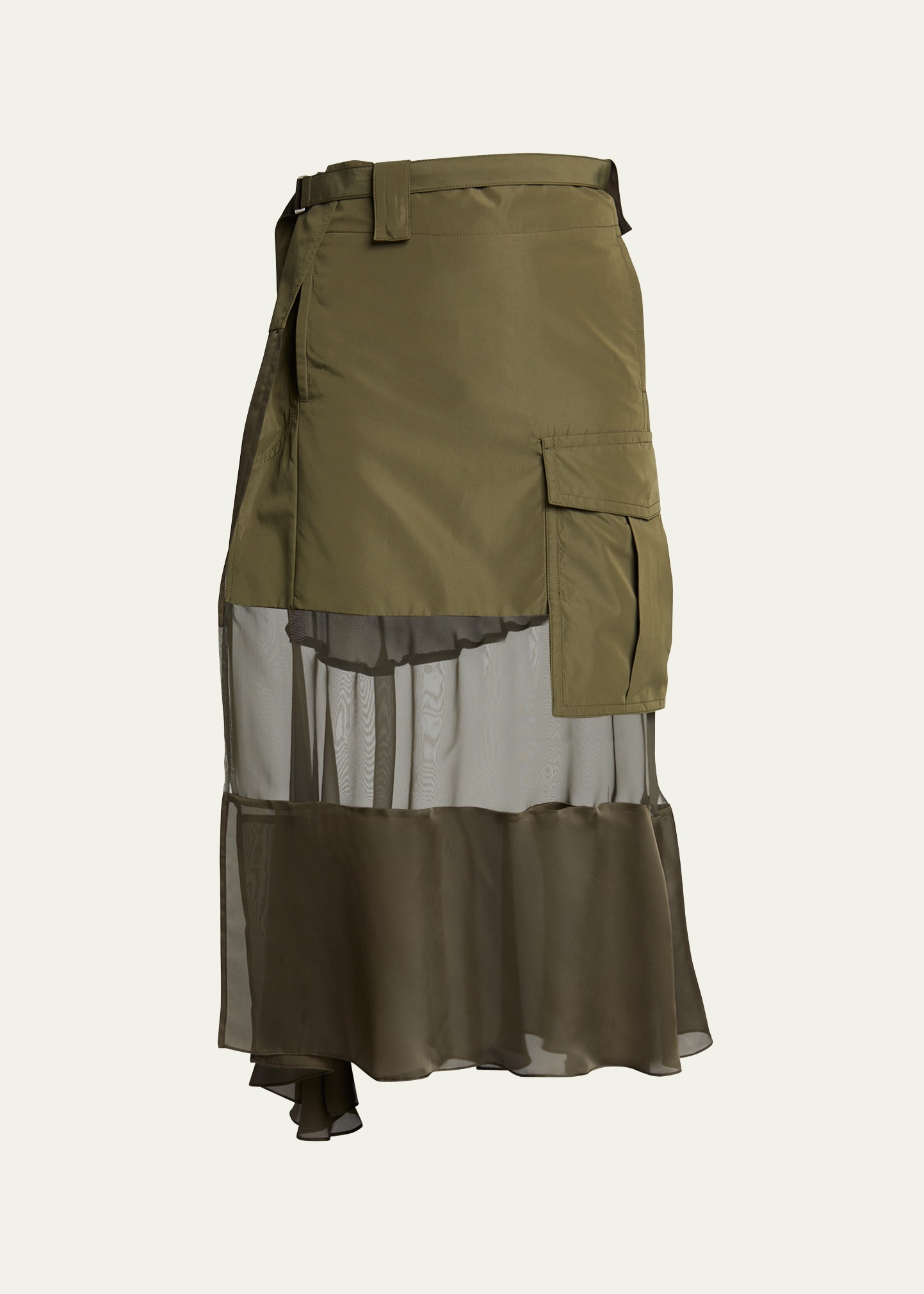Sacai Sheer Belted Mixed-fabric Midi Skirt In Khaki