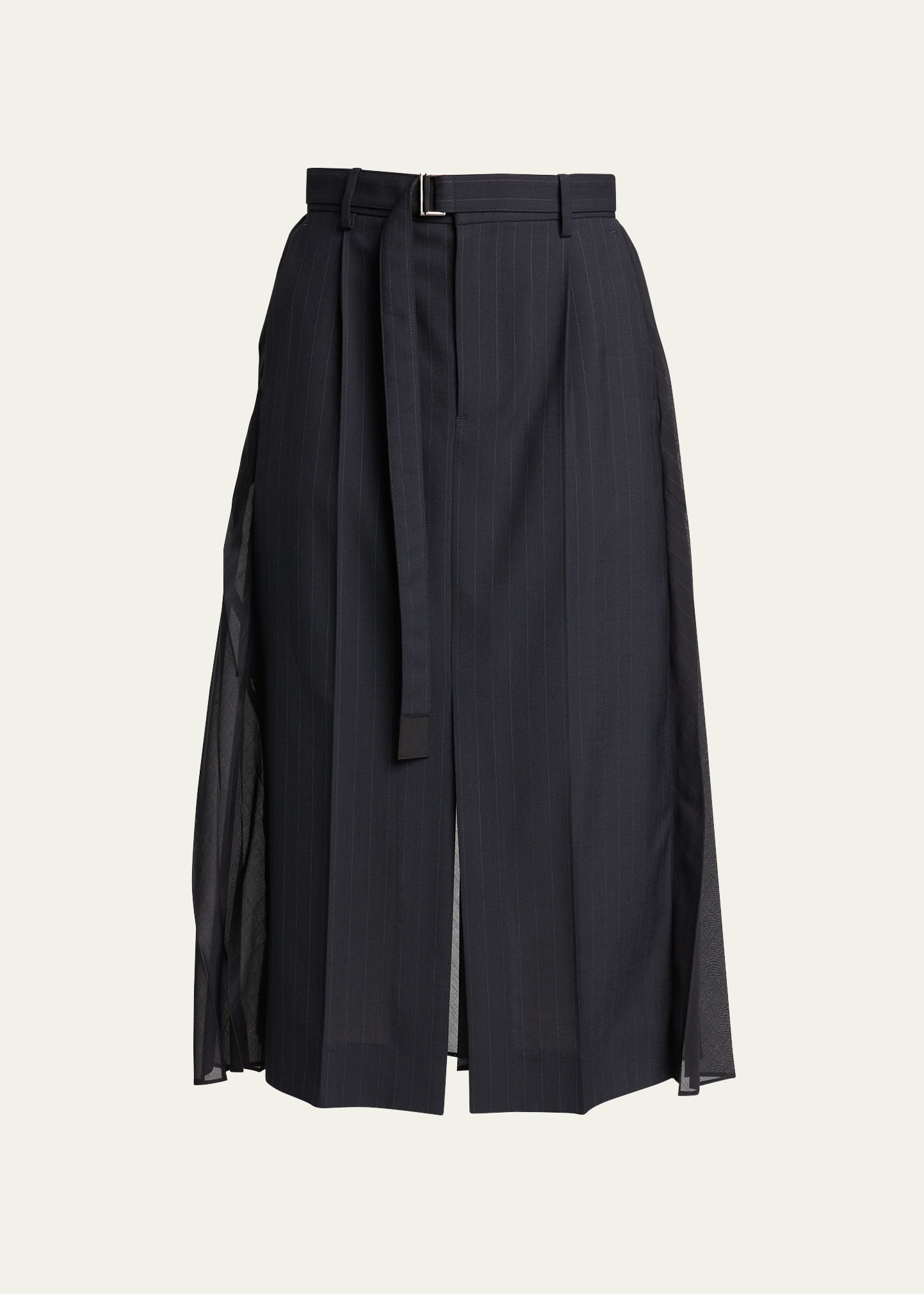 Shop Sacai Pleated Sheer Chalk Stripe Belted Midi Skirt In Navy