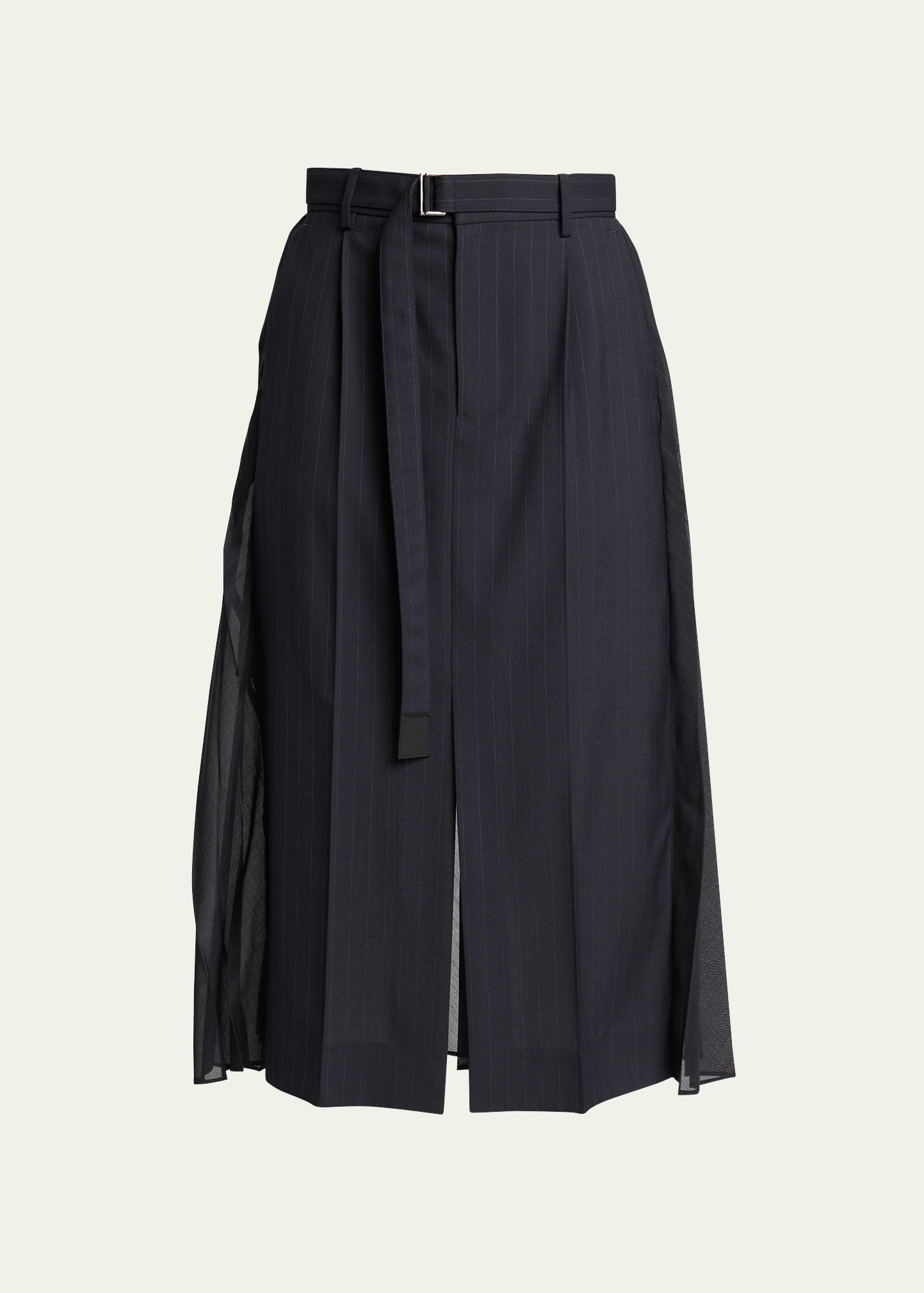 Sacai Pleated Sheer Chalk Stripe Belted Midi Skirt In Navy