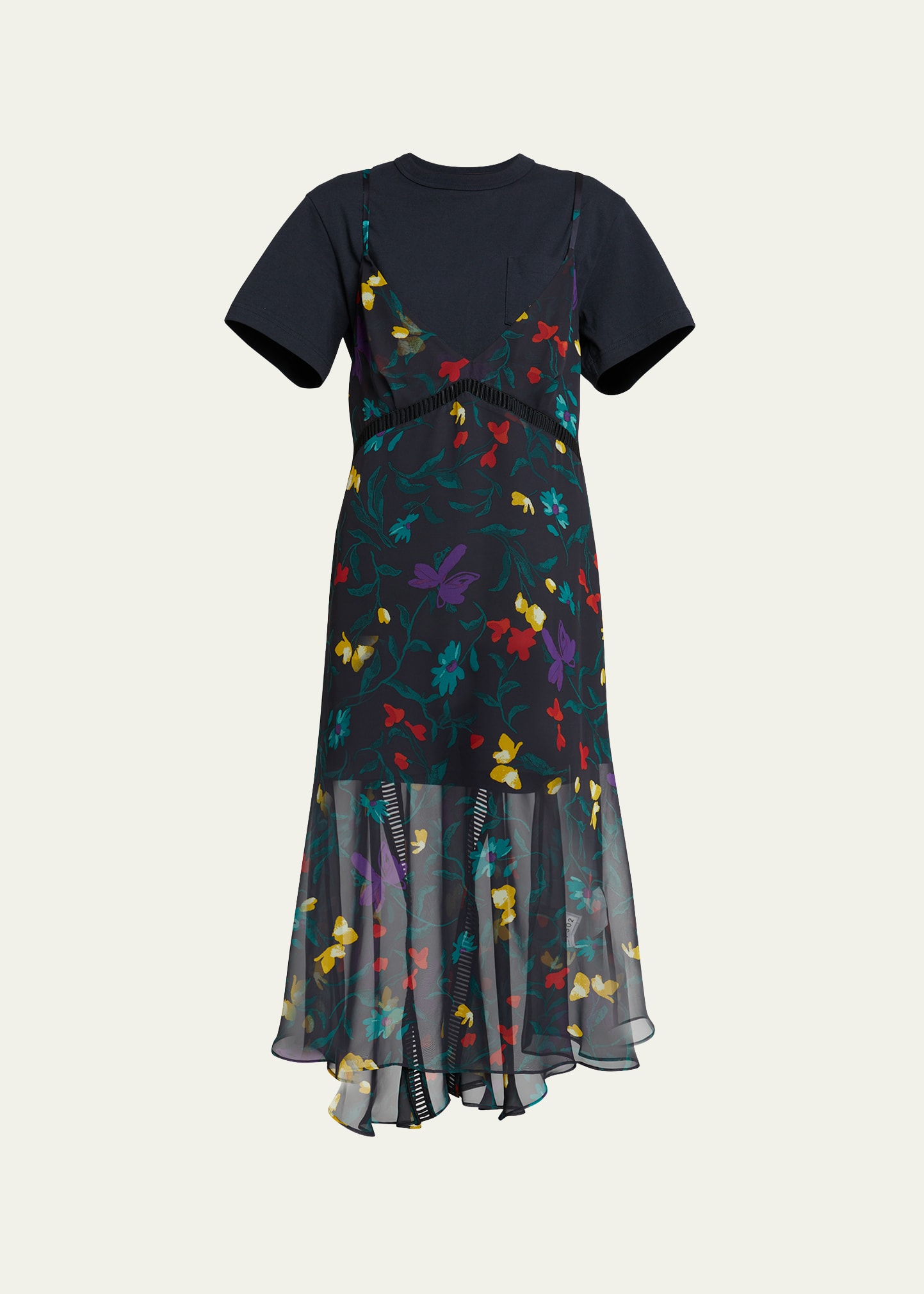 Shop Sacai T-shirt Layered Floral-print Slip Midi Dress In Navy