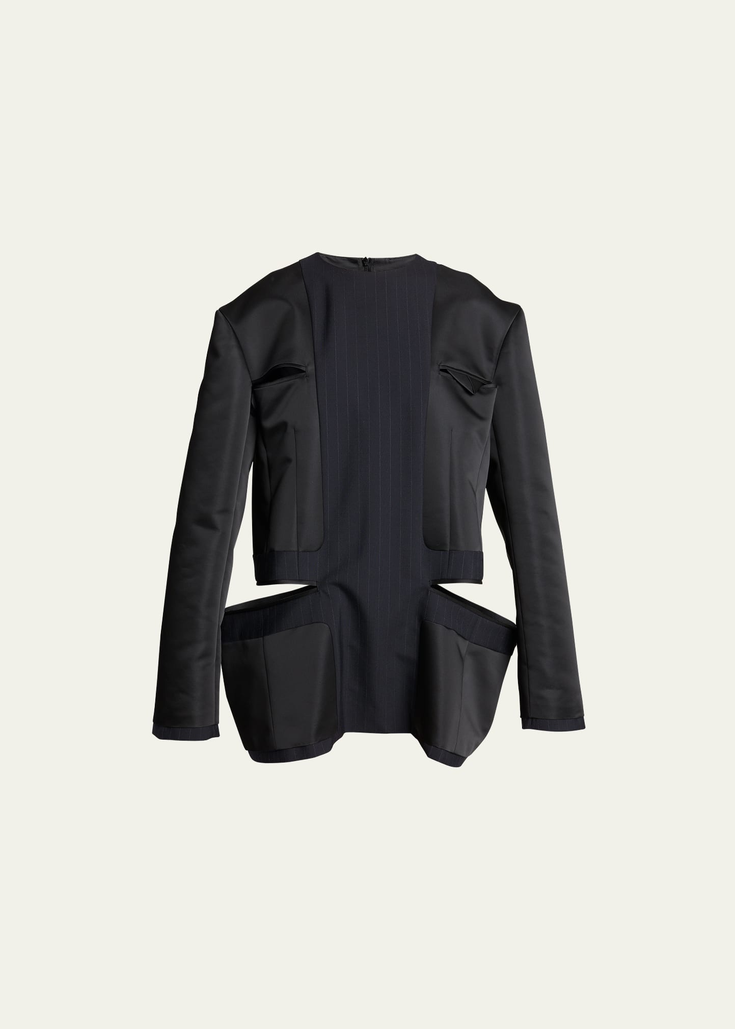 Sacai Mixed-media Striped Cutout Blazer Tunic Top In Navy X Black