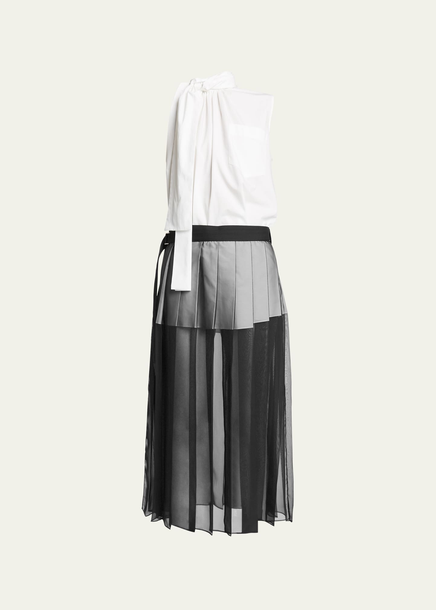 Shop Sacai Tie-neck Blouse Midi Dress With Sheer Skirt Overlay In Off White X Black